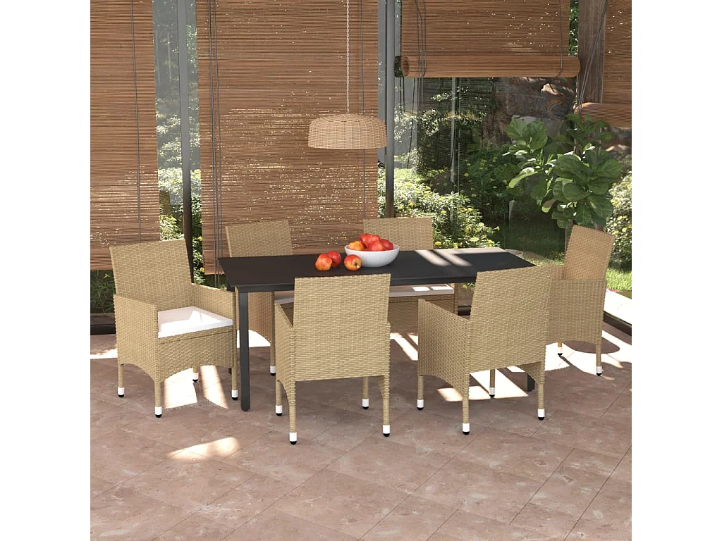 Meubles à dîner de jardin et coussins 7 pcs Poly rotin Beige 2