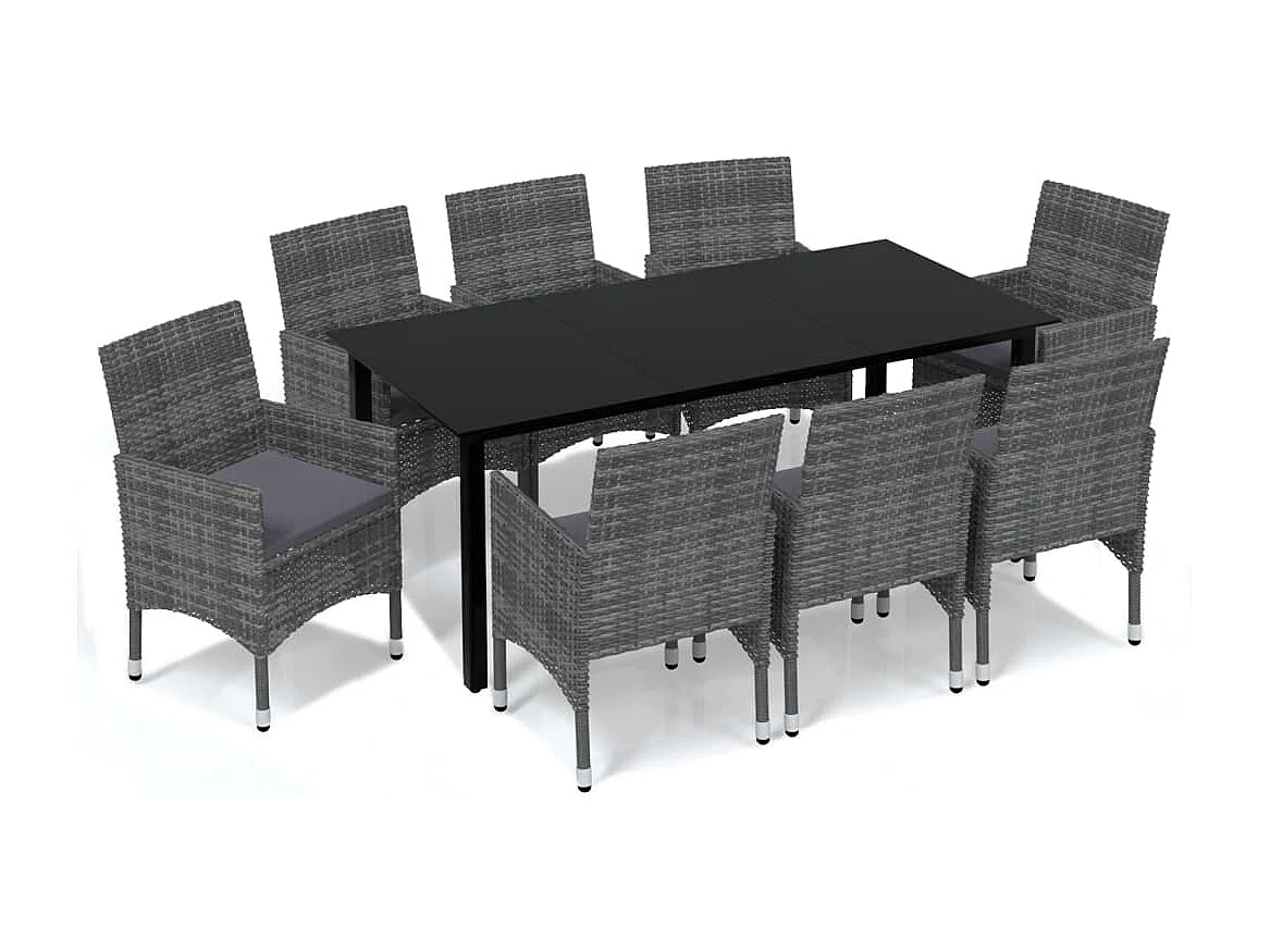 Meubles à dîner de jardin et coussins 9 pcs Poly rotin Gris