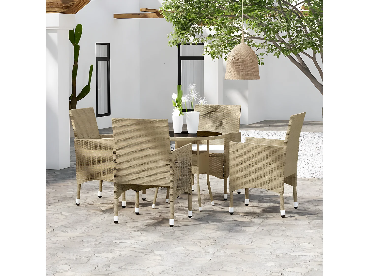 Ensemble de salle à manger de jardin 5 pcs Résine tressée Beige