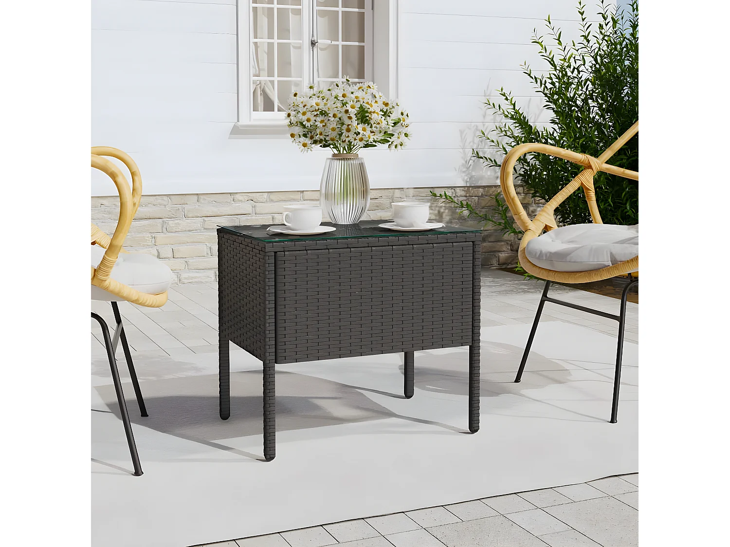 Table d'appoint noir 53x37x48 poly rotin et verre trempé