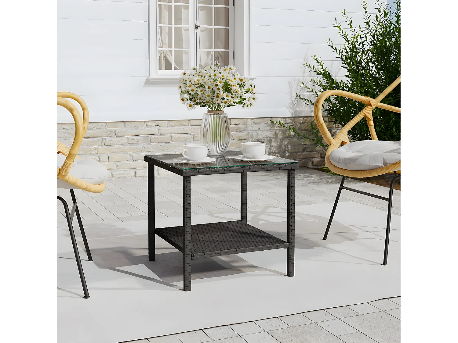 Table d'appoint noir 45x45x45 poly rotin et verre trempé