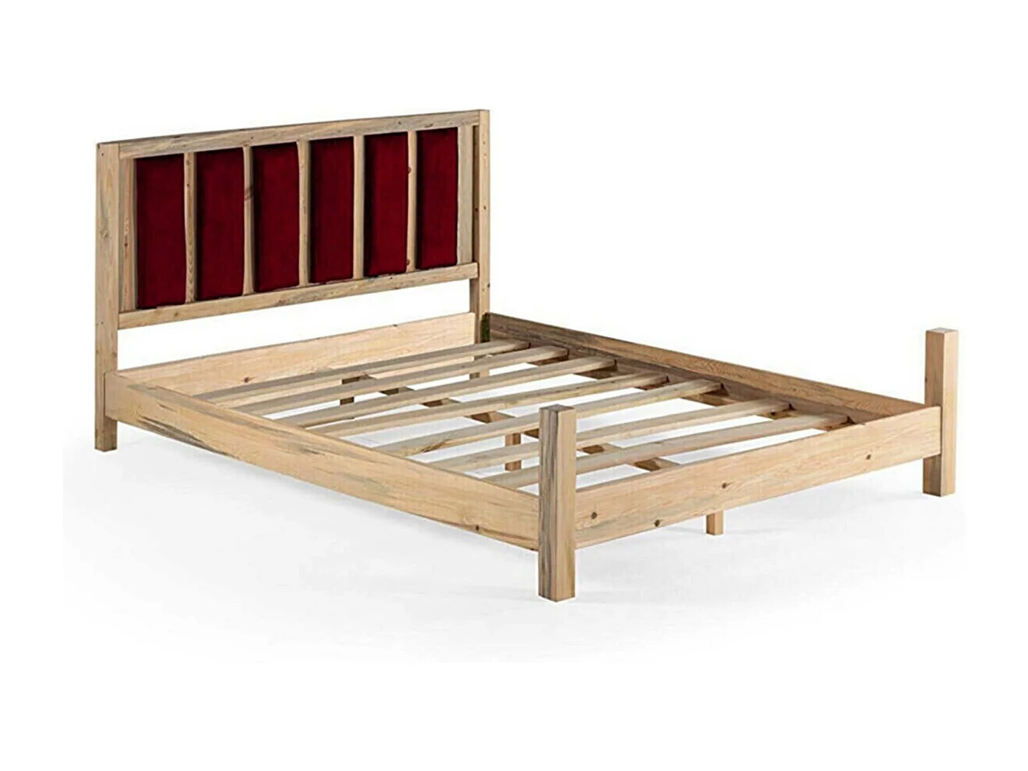 Lit double Kiem 160x200cm Pin massif clair et Velours Bordeaux