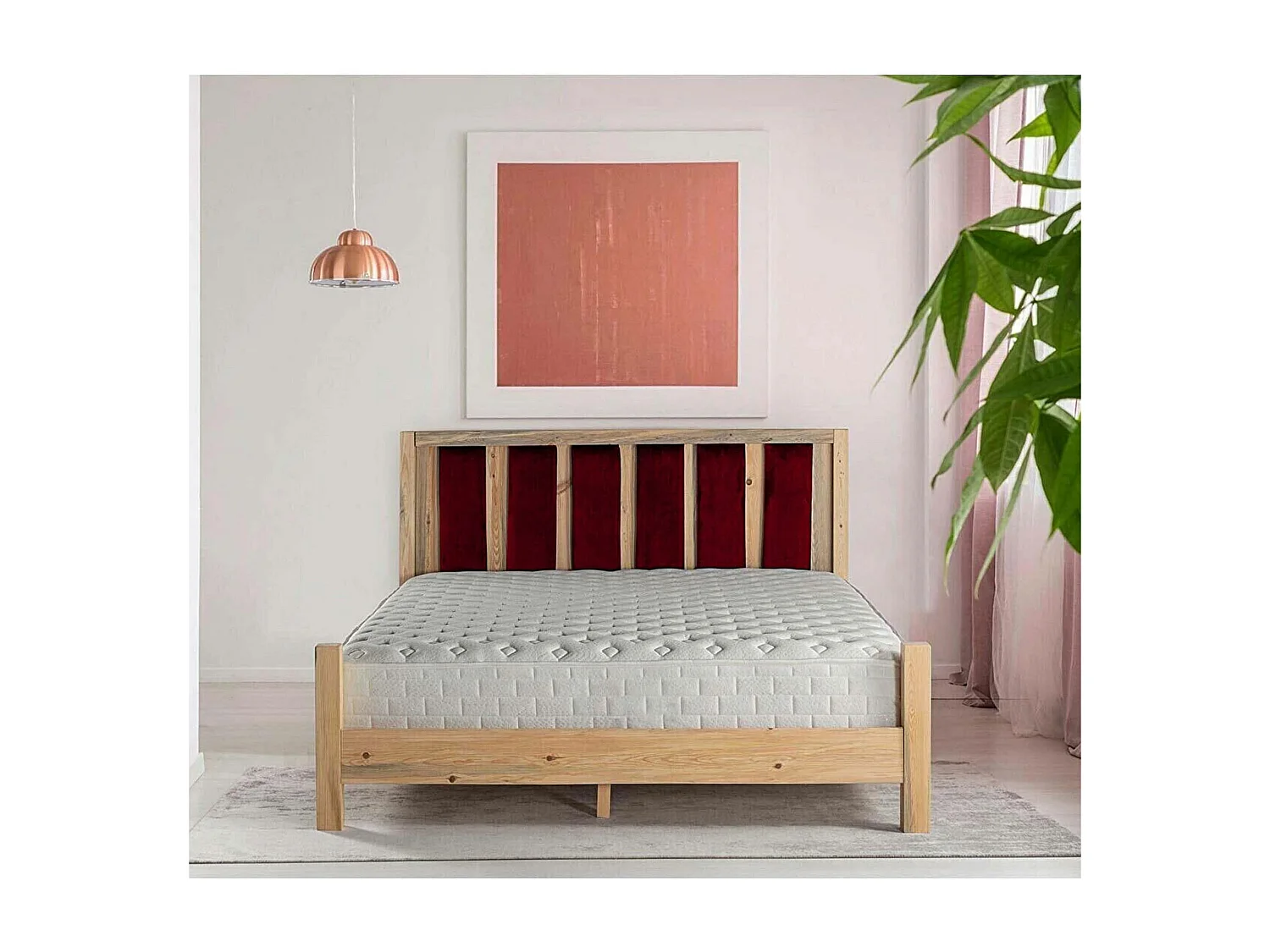 Lit double Kiem 160x200cm Pin massif clair et Velours Bordeaux