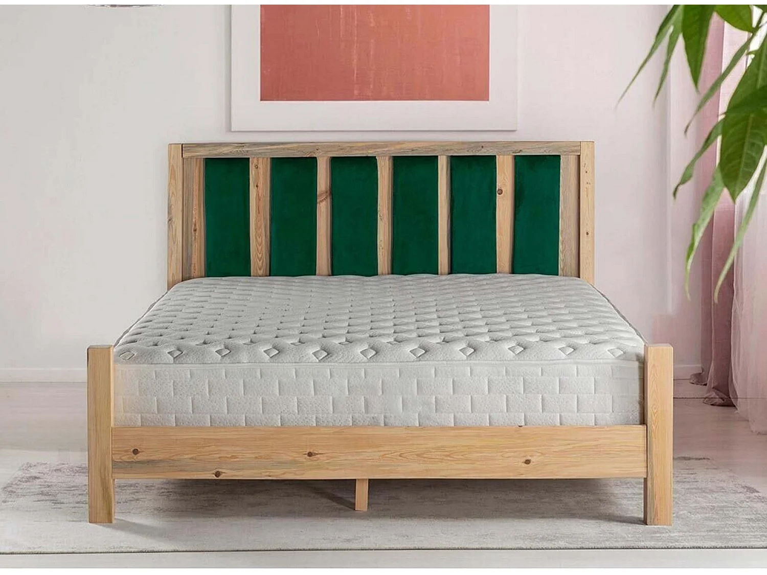 Lit double Kiem 160x200cm Pin massif clair et Velours Bordeaux