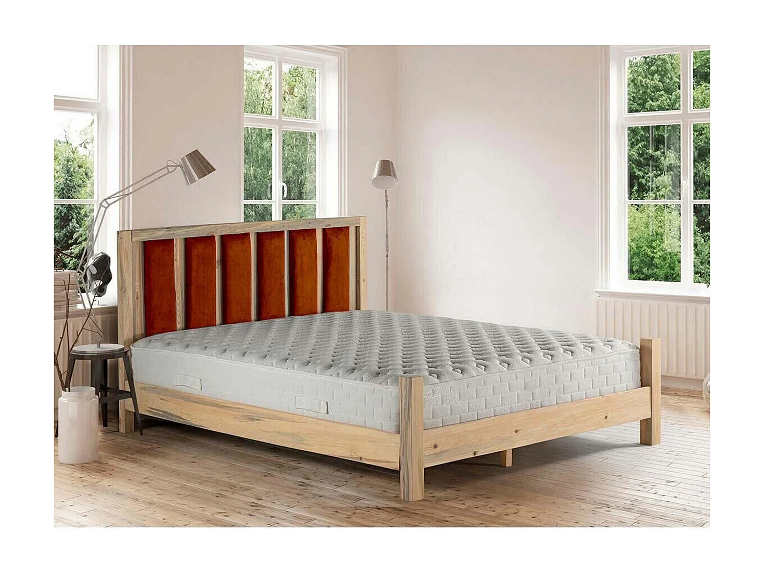 Lit double Kiem 140x200cm Pin massif Clair et Velours Rouge