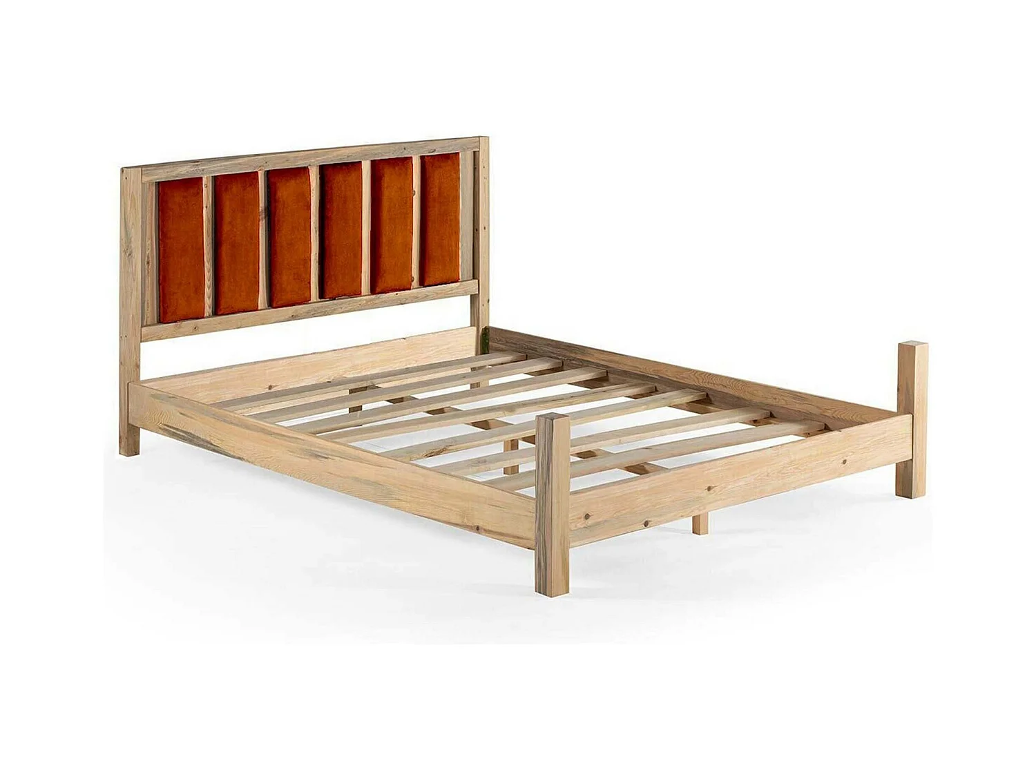 Lit double Kiem 140x200cm Pin massif Clair et Velours Rouge