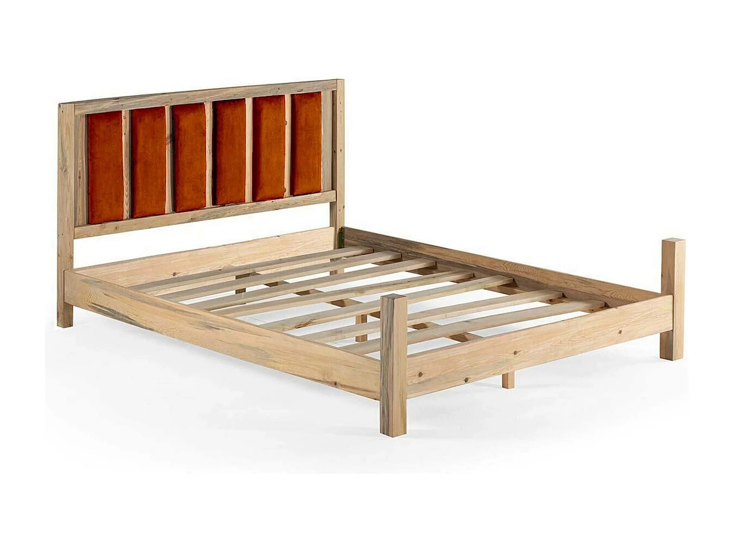 Lit double Kiem 140x200cm Pin massif Clair et Velours Rouge