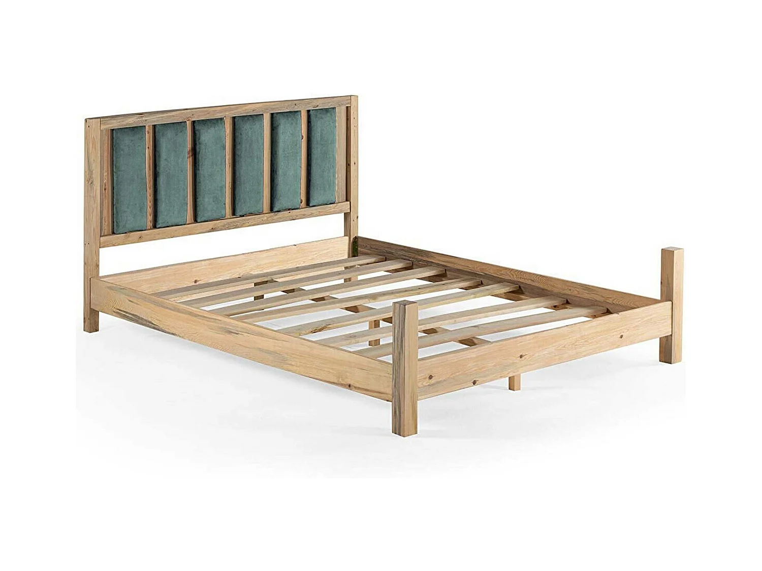 Lit double Kiem 160x200cm Pin massif clair et Velours Vert clair