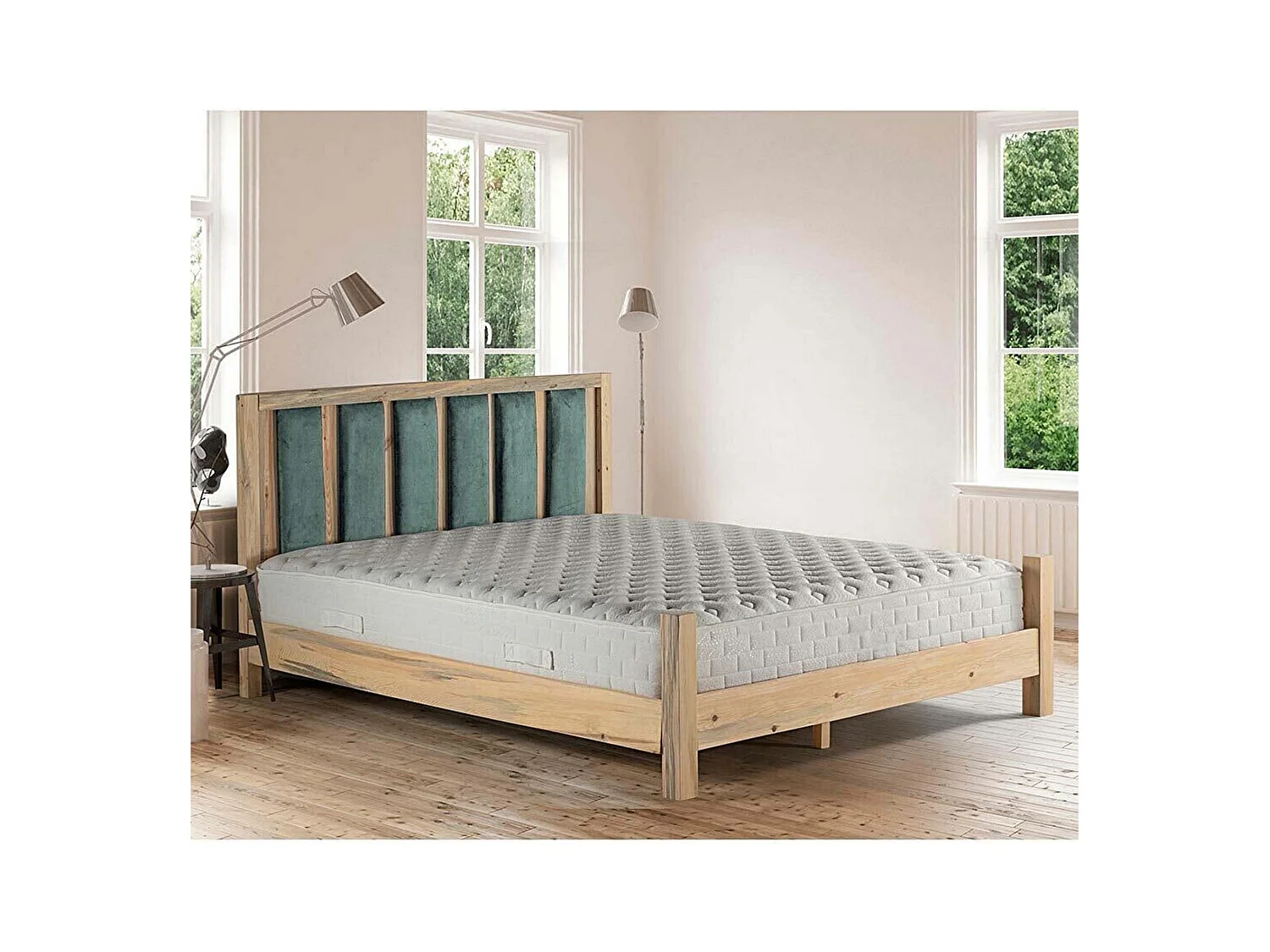 Licht massief houten bed met zacht hoofdeinde van Mirenda-stof - 7 maten-Kleur Licht groen-Slapen 160x200cm