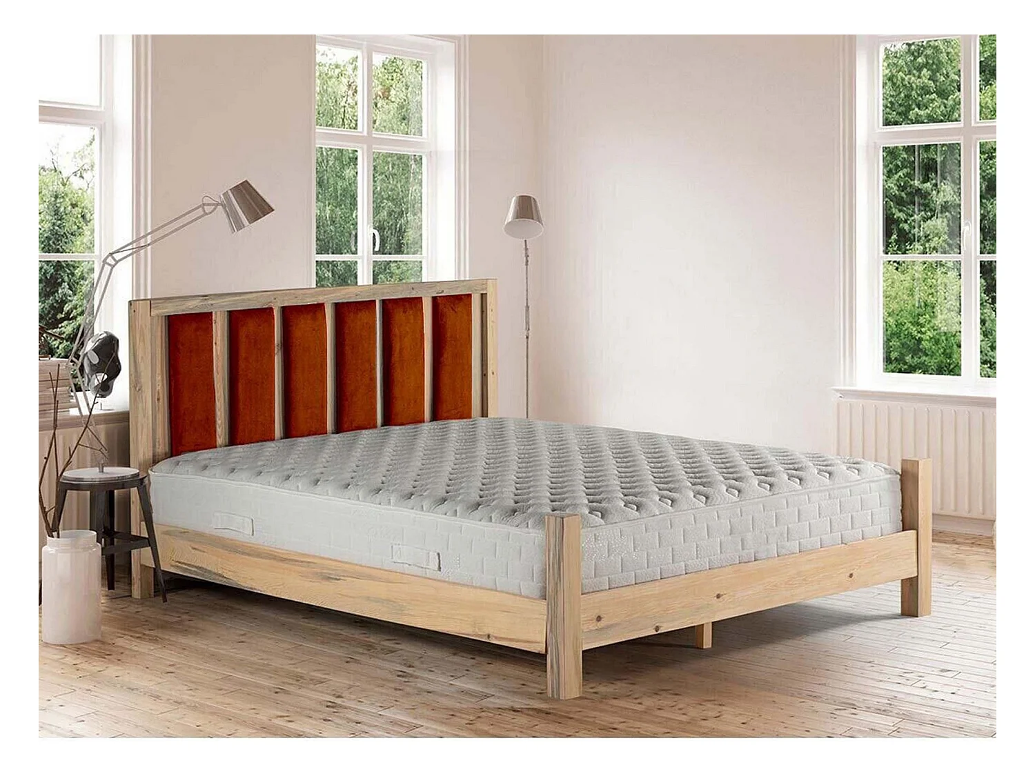 Licht massief houten bed met zacht hoofdeinde van Mirenda-stof - 7 maten-Kleur Licht groen-Slapen 160x200cm
