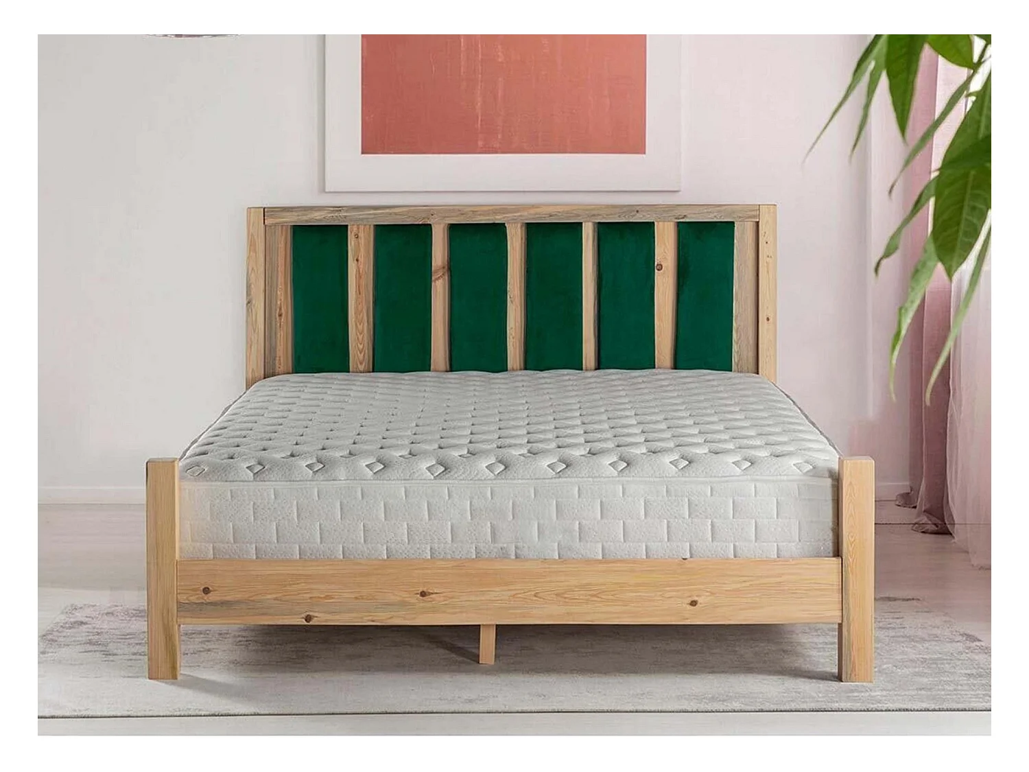 Licht massief houten bed met zacht hoofdeinde van Mirenda-stof - 7 maten-Kleur Licht groen-Slapen 160x200cm
