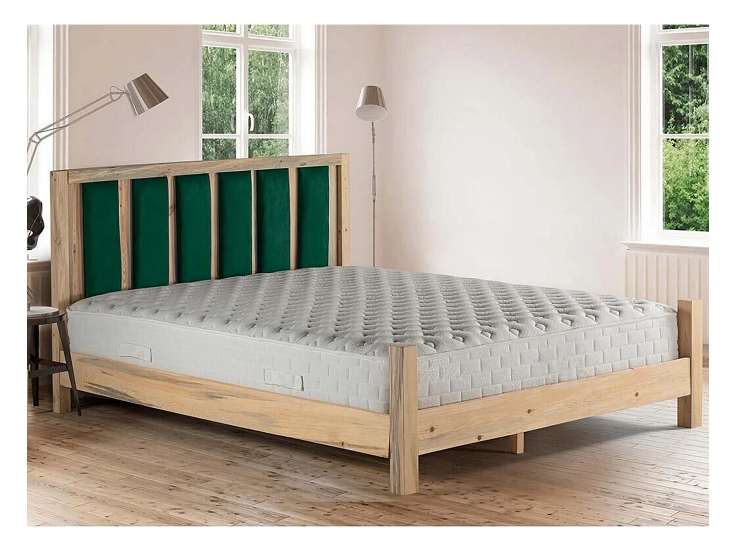 Licht massief houten bed met zacht hoofdeinde van Mirenda-stof - 7 maten-Kleur Licht groen-Slapen 160x200cm