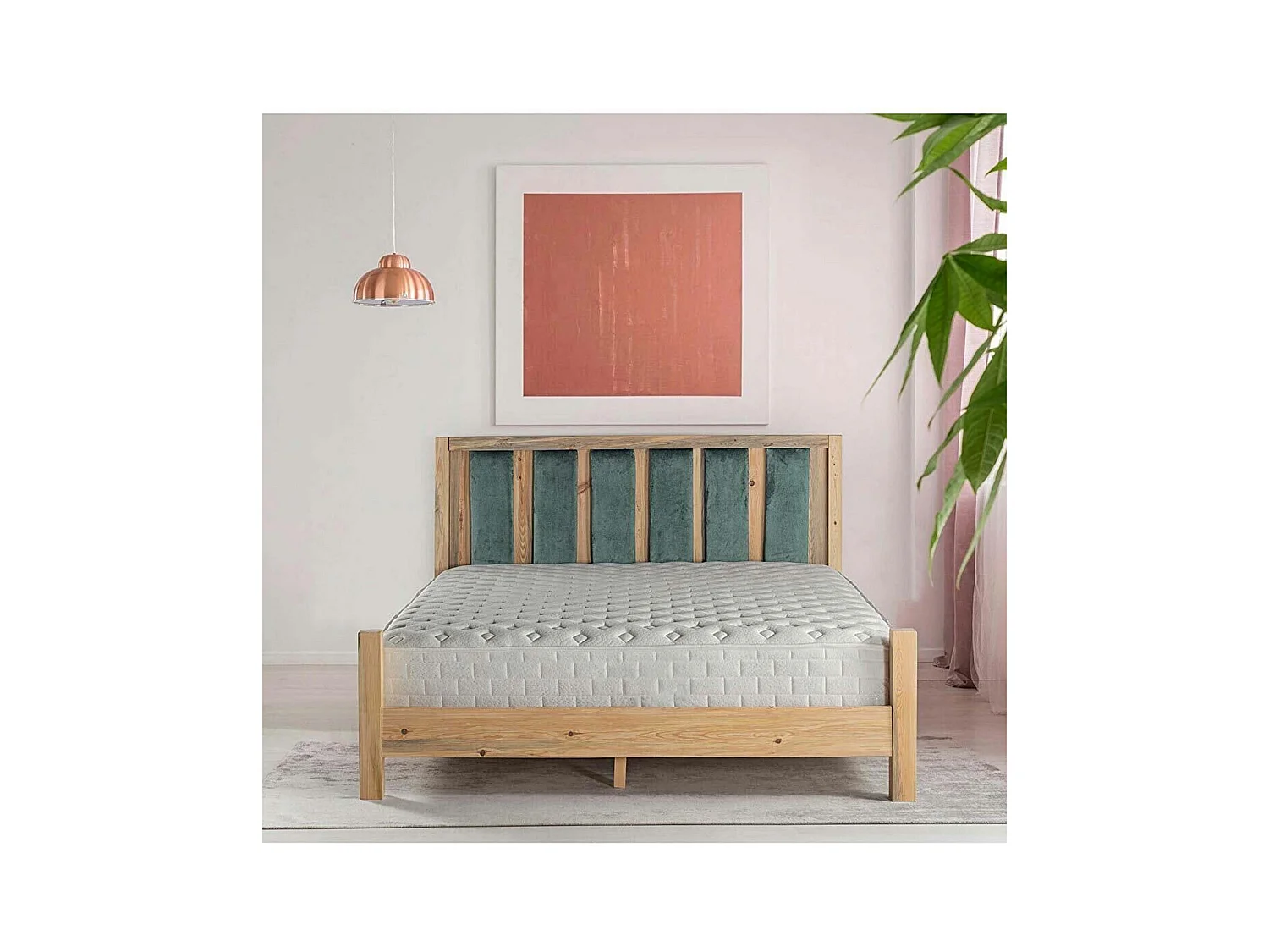 Licht massief houten bed met zacht hoofdeinde van Mirenda-stof - 7 maten-Kleur Licht groen-Slapen 160x200cm