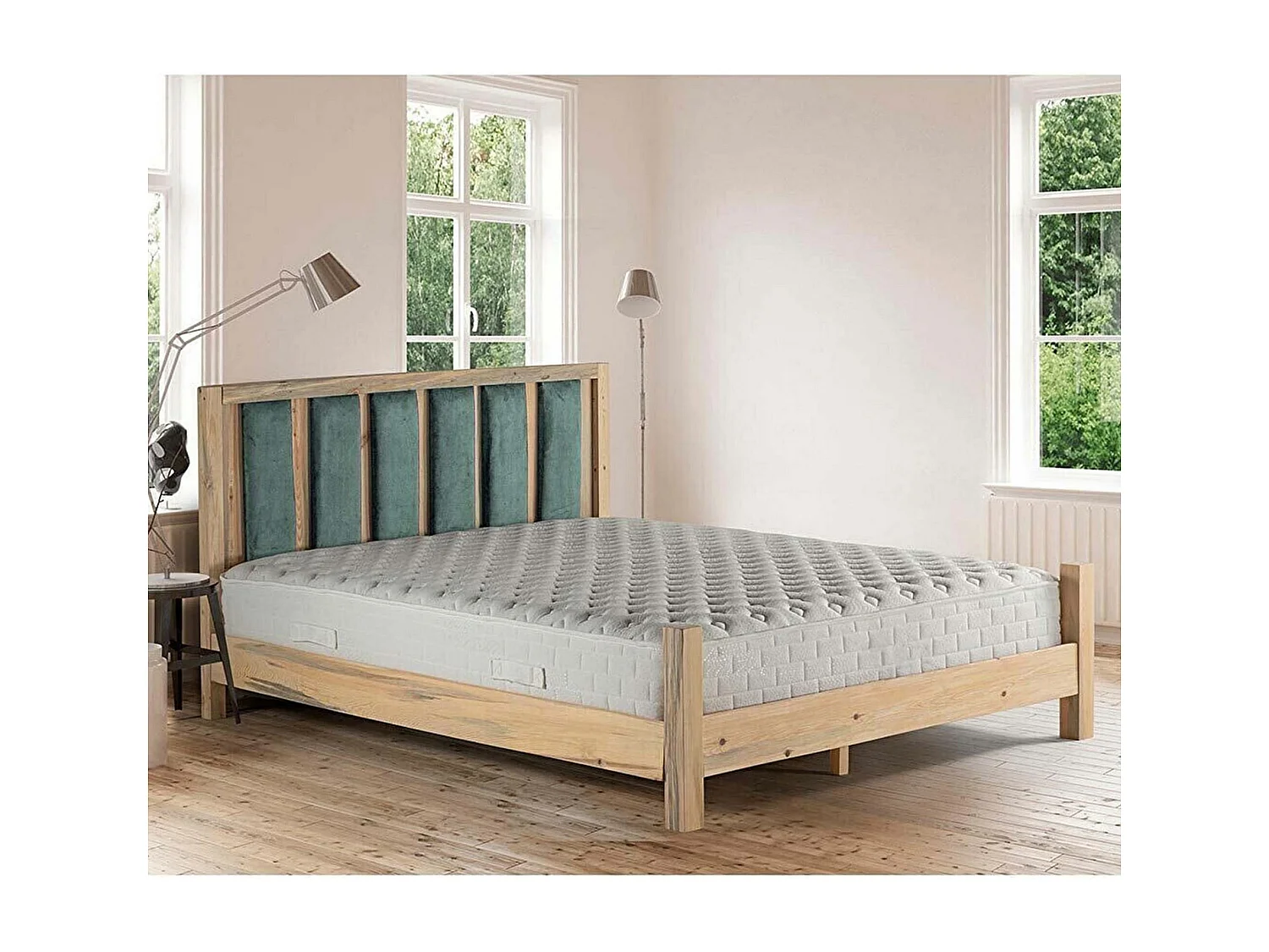 Licht massief houten bed met zacht hoofdeinde van Mirenda-stof - 7 maten-Kleur Licht groen-Slapen 160x200cm