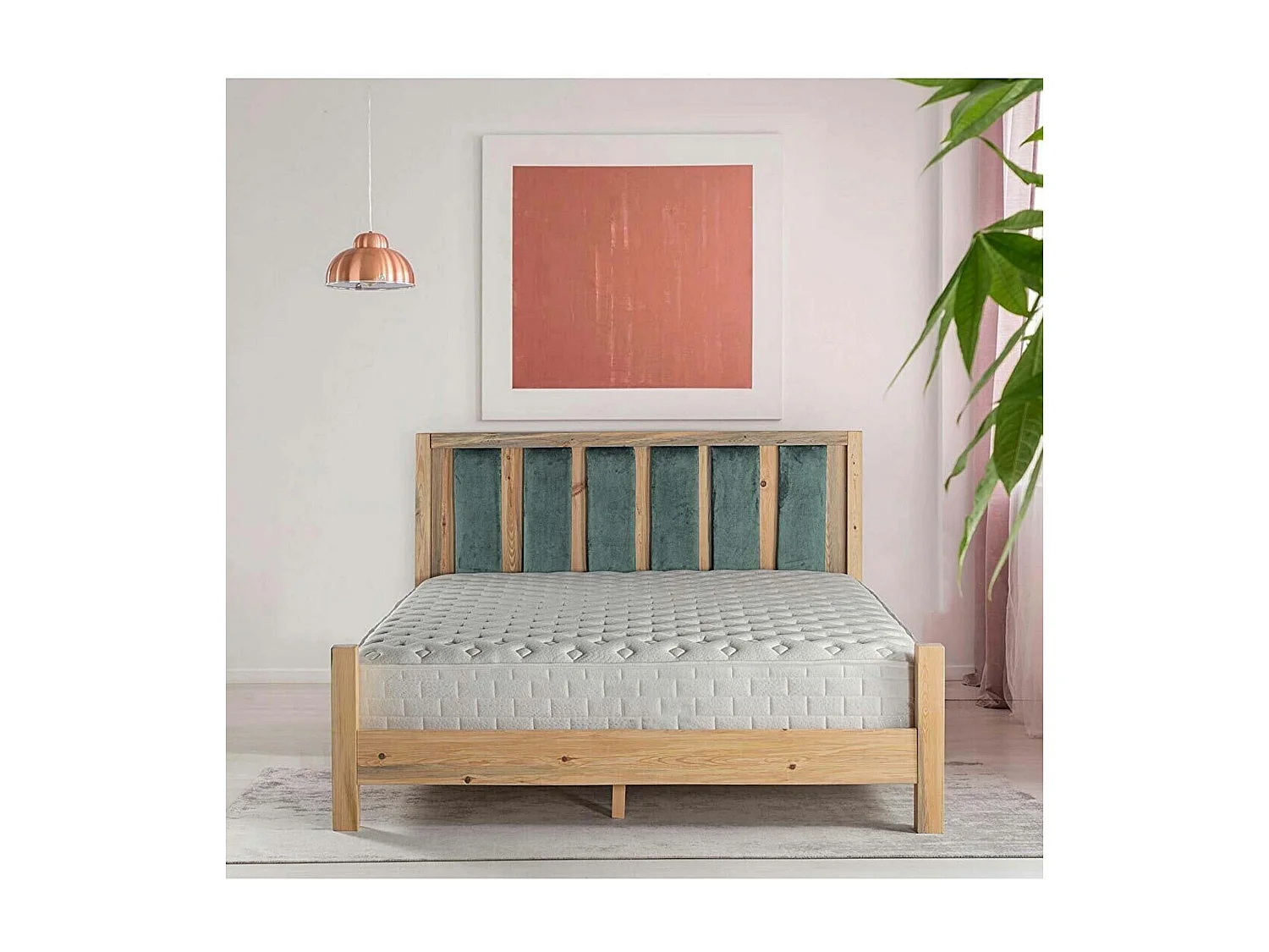 Licht massief houten bed met zacht hoofdeinde van Mirenda-stof - 7 maten-Kleur Licht groen-Slapen 160x200cm