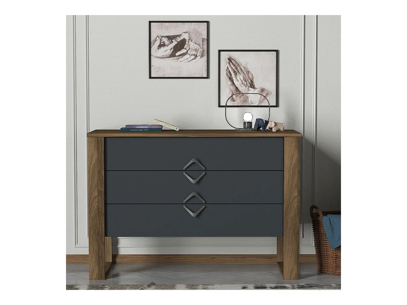 Commode 3 tiroirs Wirada H76cm Bois Naturel et Anthracite