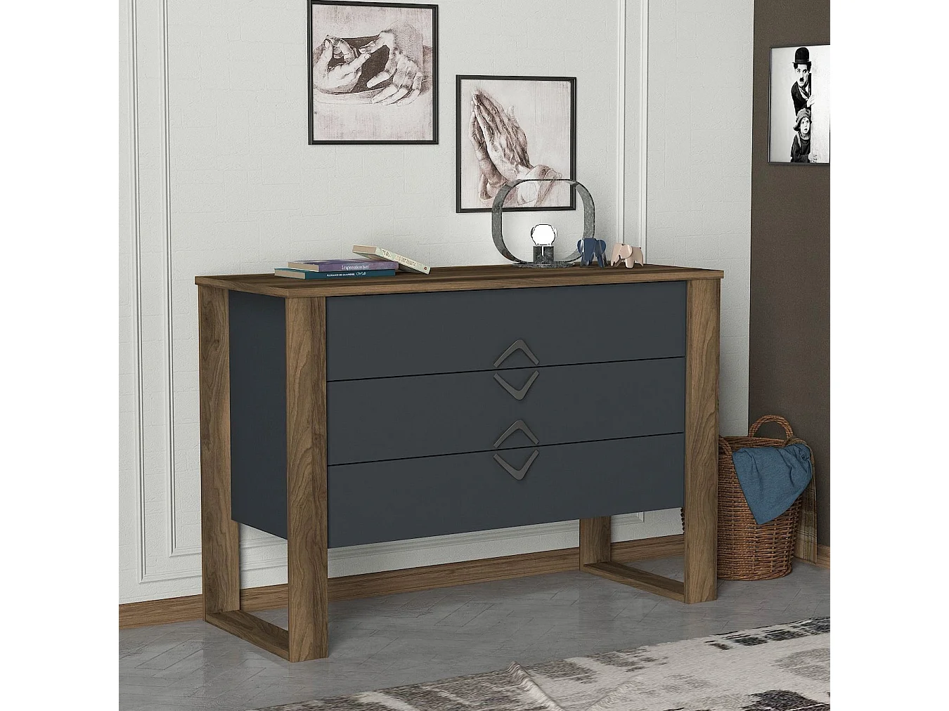 Ladekast 3 lades donker hout en antraciet Luko 110 cm