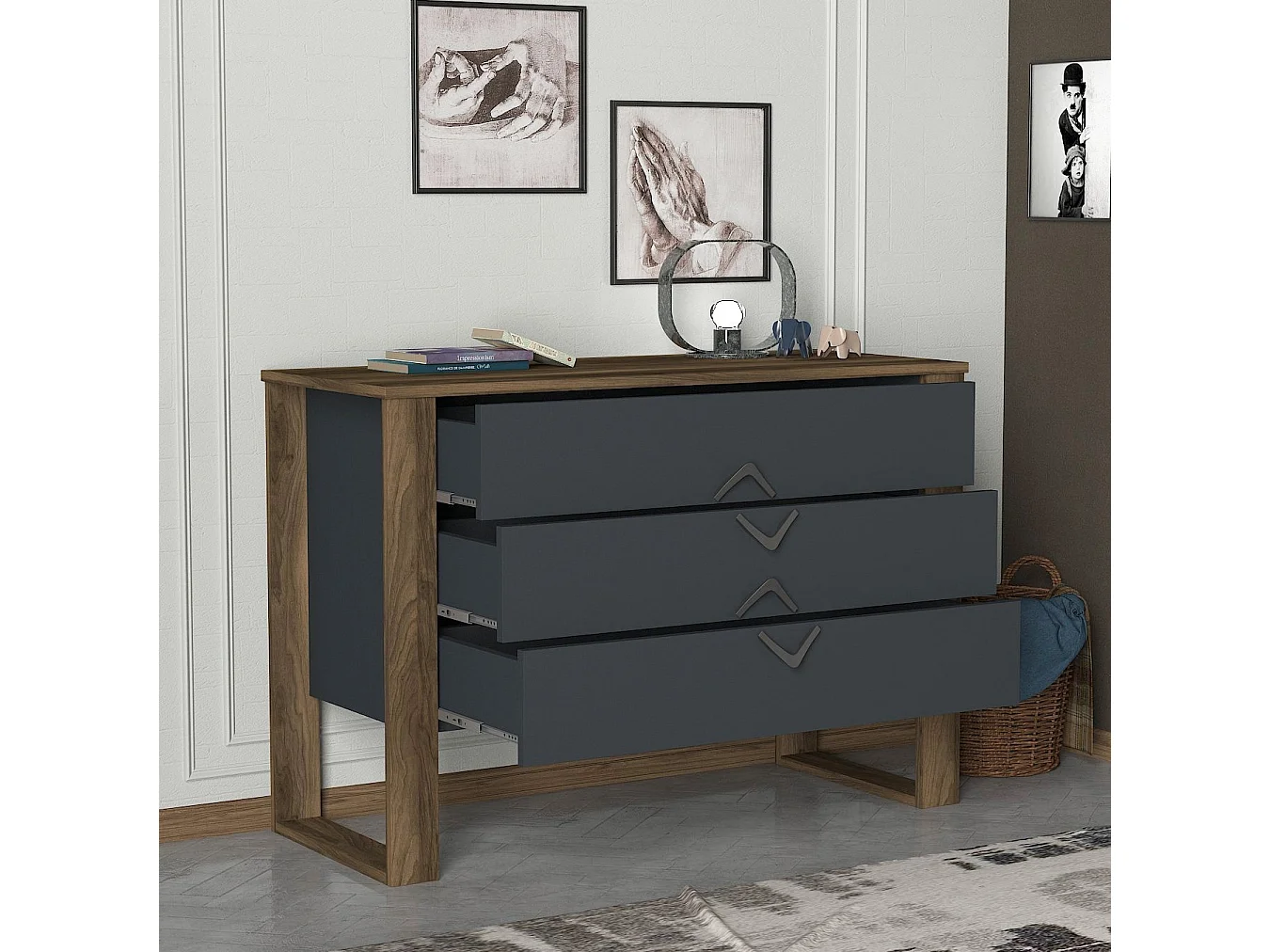 Ladekast 3 lades donker hout en antraciet Luko 110 cm