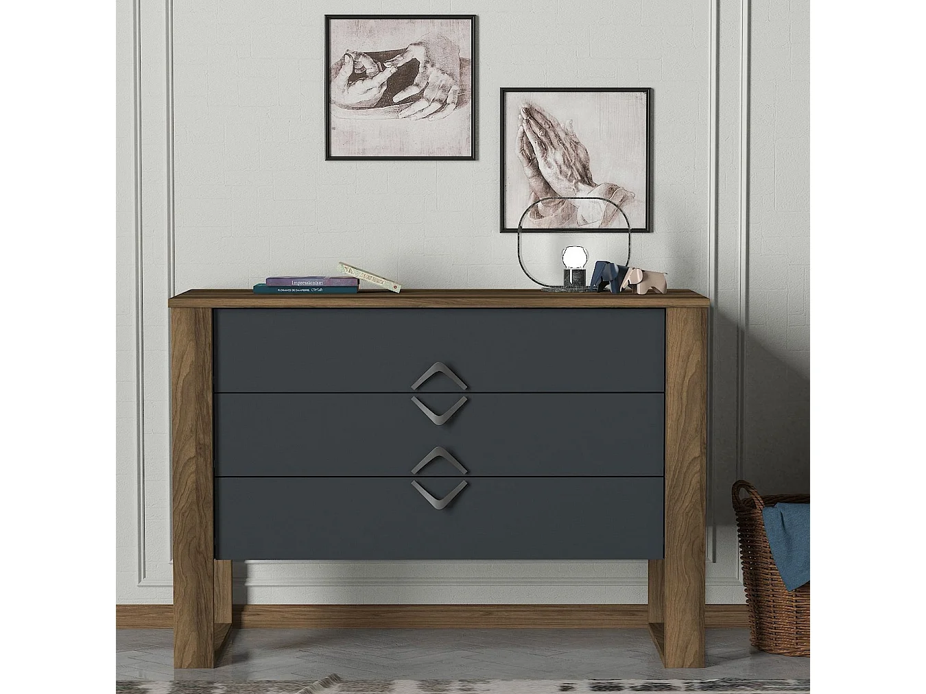 Ladekast 3 lades donker hout en antraciet Luko 110 cm
