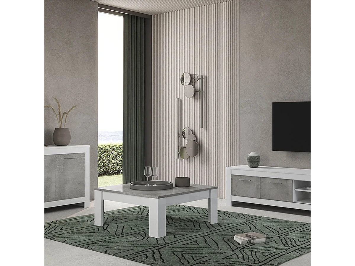 DENAE - Ensemble Salon Blanc et Gris Marbré Meuble TV + Buffet 2 Portes + Table Basse Carrée