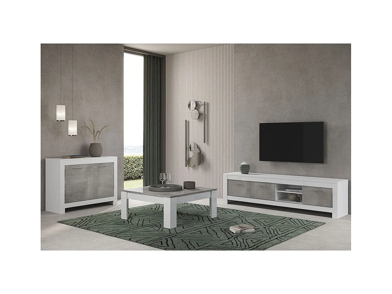 DENAE - Ensemble Salon Blanc et Gris Marbré Meuble TV + Buffet 2 Portes + Table Basse Carrée