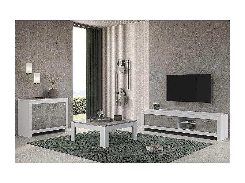 DENAE - Ensemble Salon Blanc et Gris Marbré Meuble TV + Buffet 2 Portes + Table Basse Carrée
