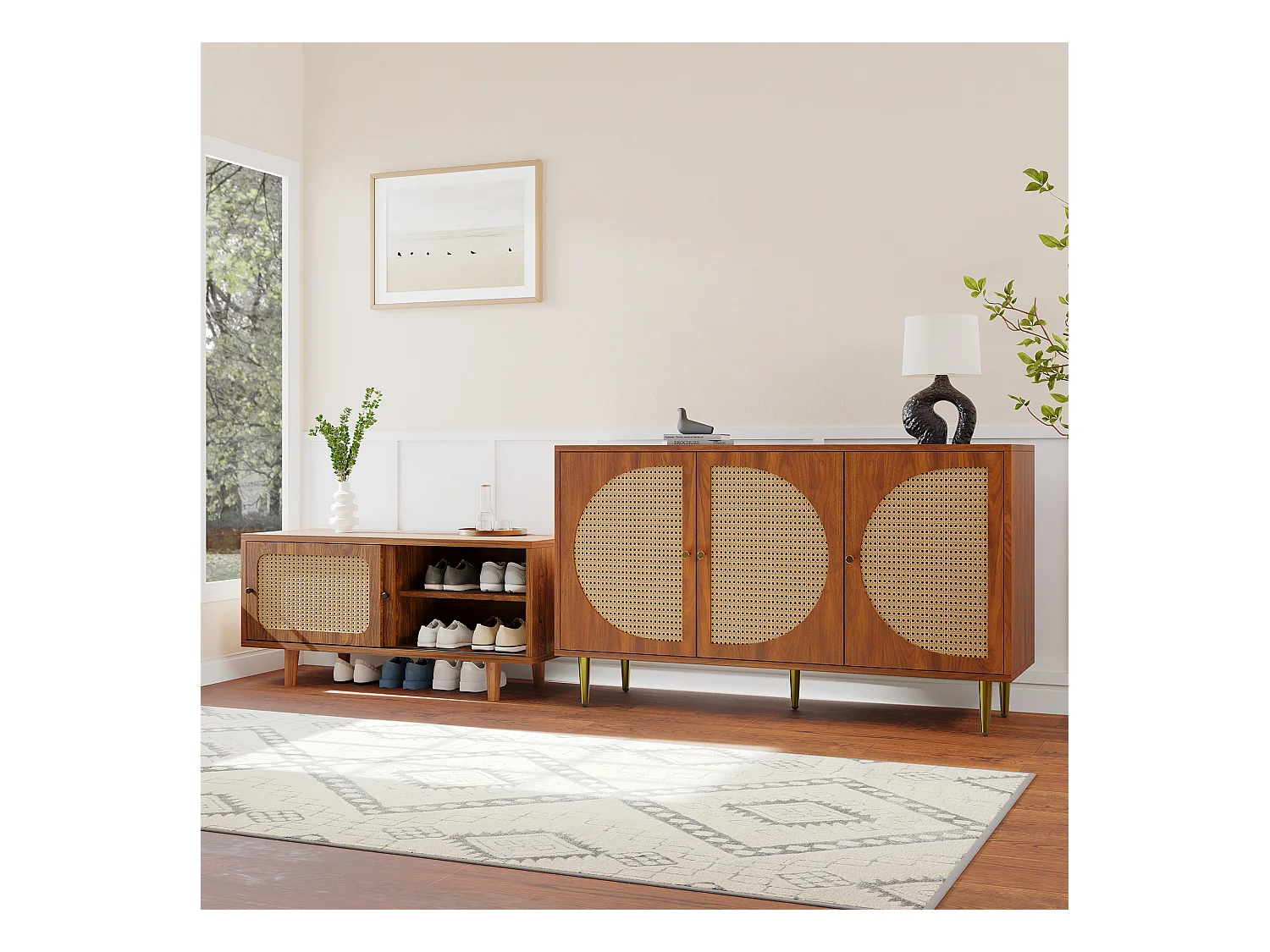 Sideboard-Set für Wohnzimmer – Kommode mit 3 Türen + Schuhschrank mit Schiebetüren – Spanplatte – Rattanmuster – Walnuss
