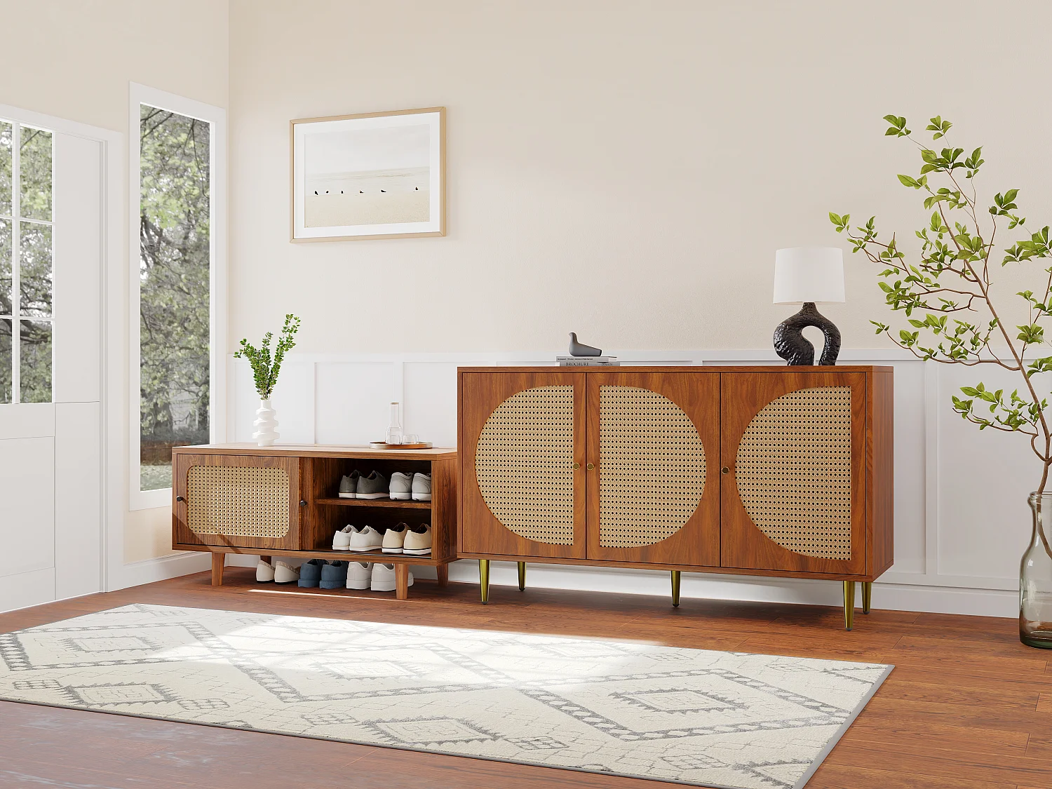 Ensemble de buffet pour salon - Commode avec 3 portes + meuble à chaussures avec portes coulissantes - Panneaux de particules - Motif en rotin - Noyer