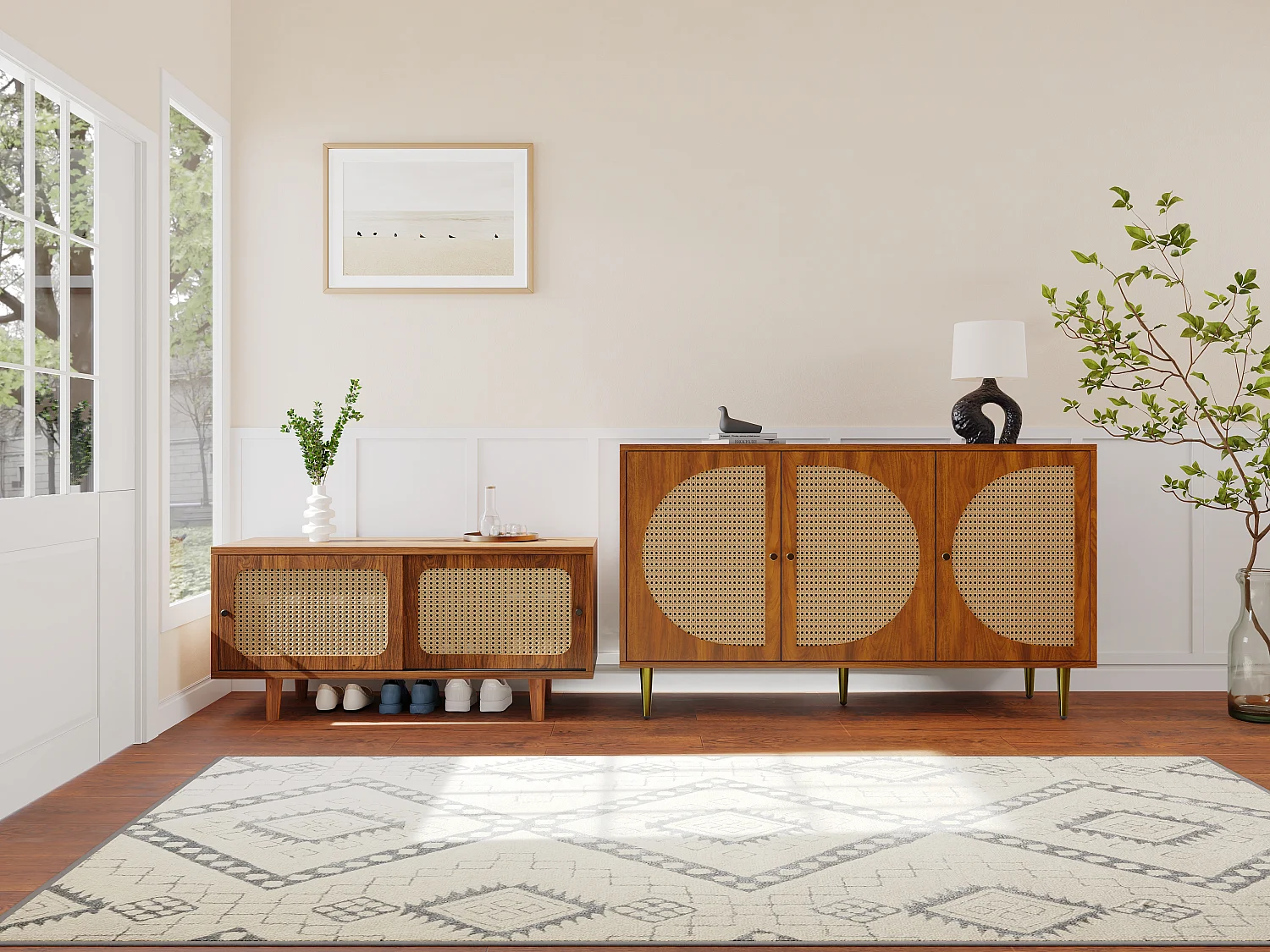 Ensemble de buffet pour salon - Commode avec 3 portes + meuble à chaussures avec portes coulissantes - Panneaux de particules - Motif en rotin - Noyer