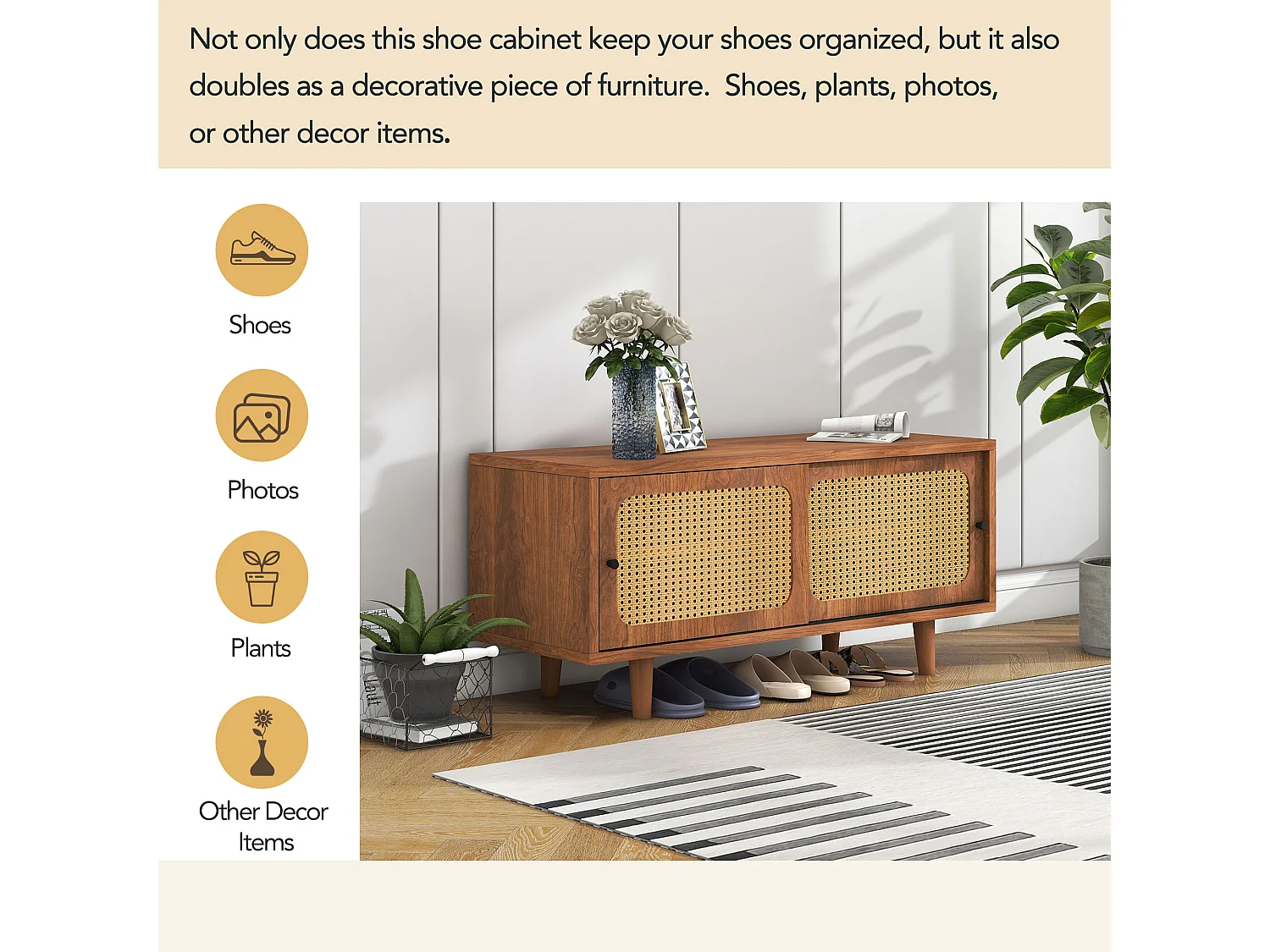 Ensemble de buffet pour salon - Commode avec 3 portes + meuble à chaussures avec portes coulissantes - Panneaux de particules - Motif en rotin - Noyer