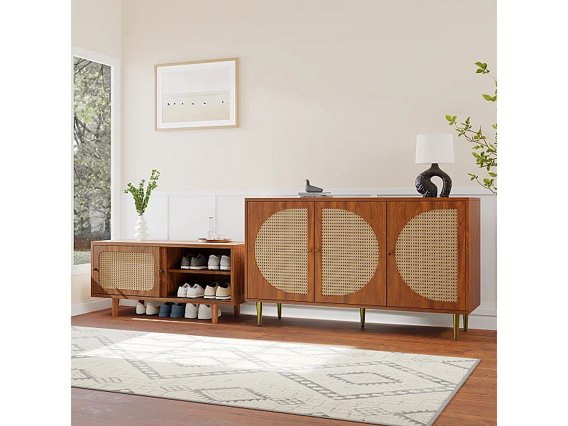 Sideboard-Set für Wohnzimmer – Kommode mit 3 Türen + Schuhschrank mit Schiebetüren – Spanplatte – Rattanmuster – Walnuss