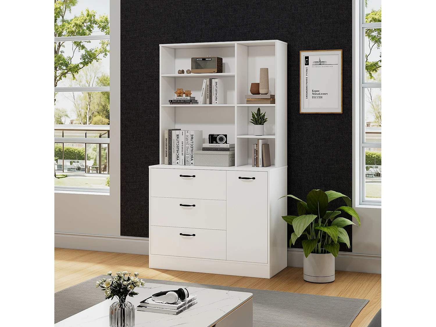 Vitrine com 4 gavetas e 6 unidades de arrumação abertas, aparador alto - 100L x 40P x 178H cm - aglomerado - branco