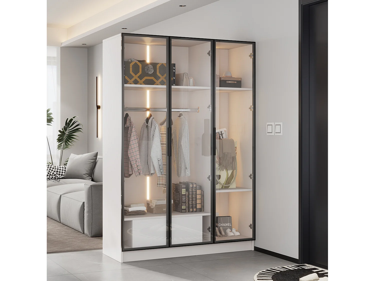 Amplio armario con 3 puertas de cristal y vitrina - 110x50x160 cm - luz LED - aglomerado - blanco