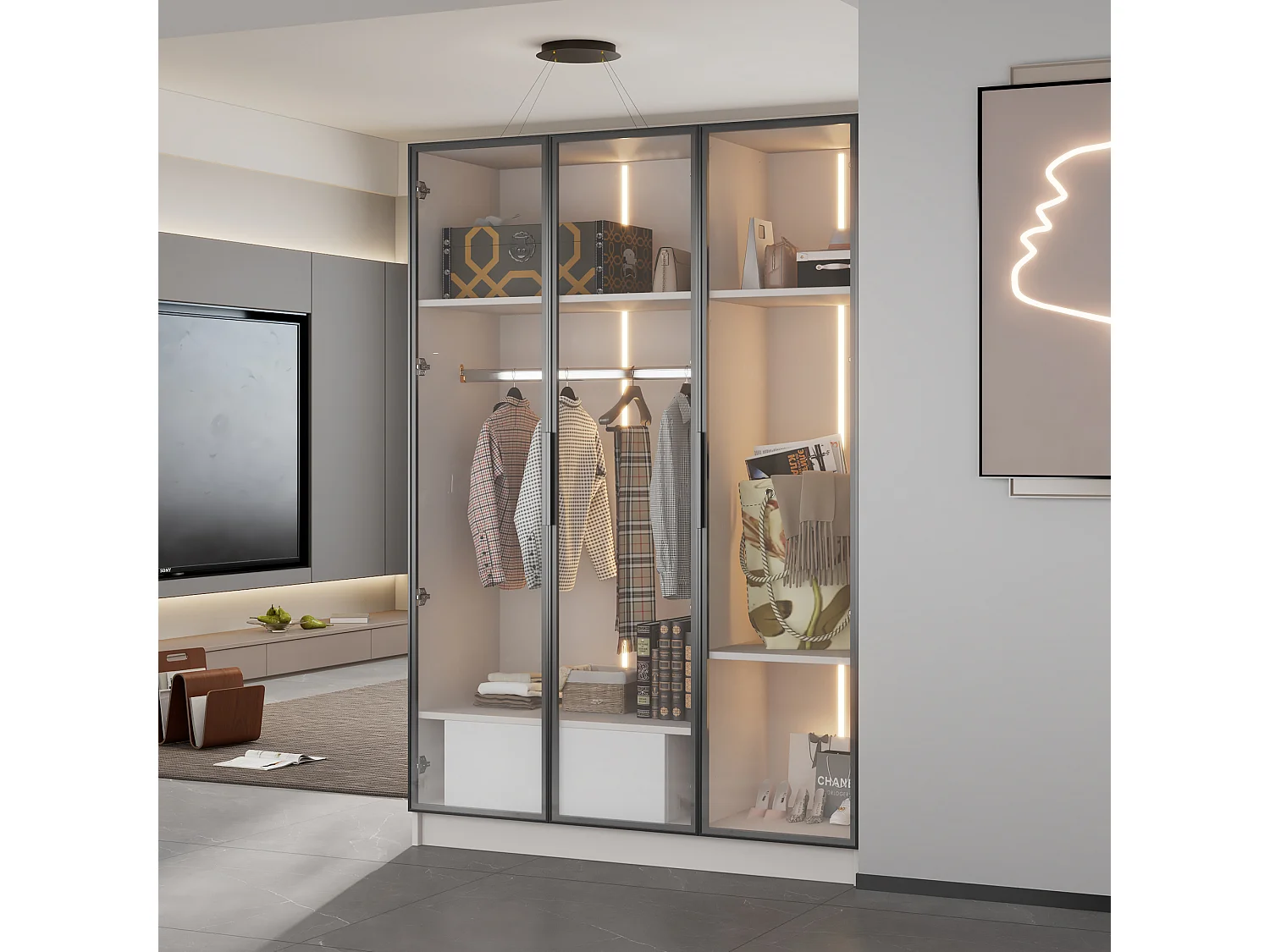 Amplio armario con 3 puertas de cristal y vitrina - 110x50x160 cm - luz LED - aglomerado - blanco