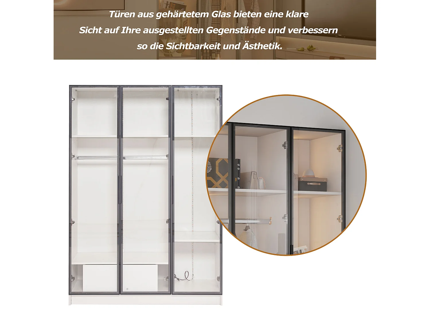 Amplio armario con 3 puertas de cristal y vitrina - 110x50x160 cm - luz LED - aglomerado - blanco