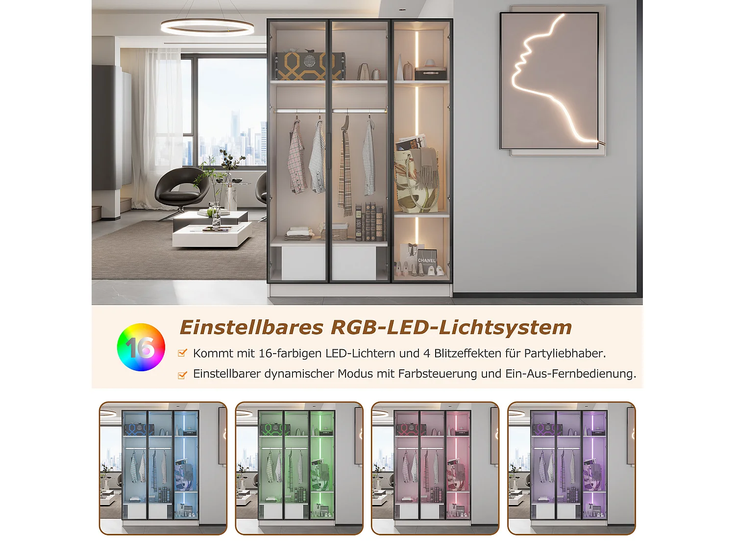 Amplio armario con 3 puertas de cristal y vitrina - 110x50x160 cm - luz LED - aglomerado - blanco