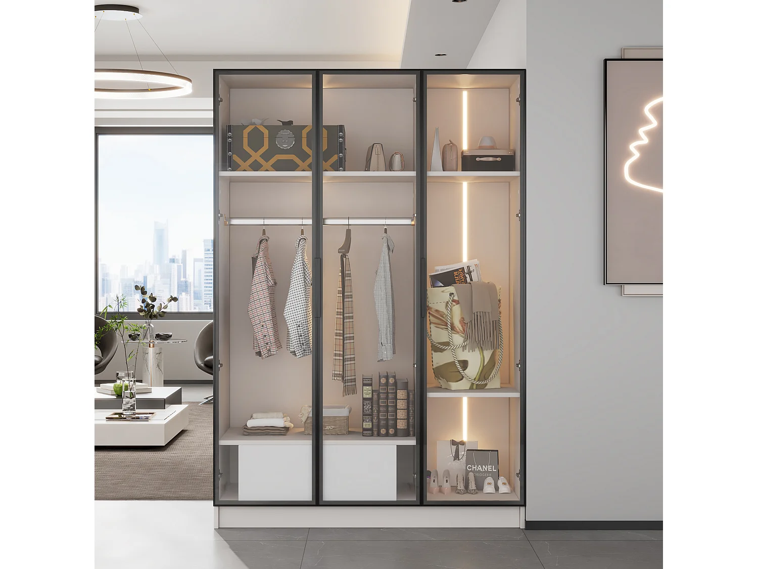 Geräumiger Kleiderschrank mit 3 Glastüren, Vitrine – 110 x 50 x 160 cm – LED-Licht – Spanplatte – weiß