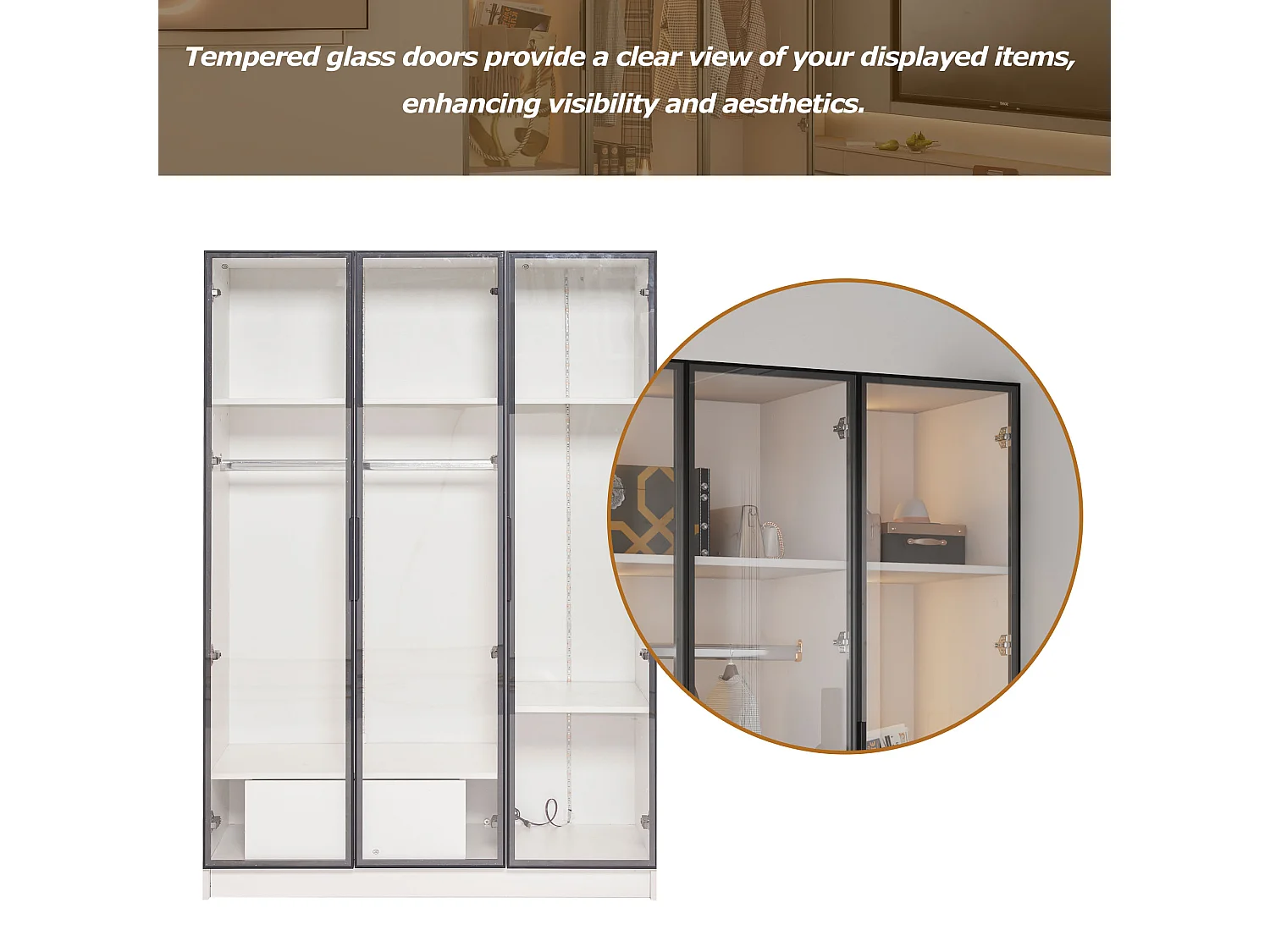 Geräumiger Kleiderschrank mit 3 Glastüren, Vitrine – 110 x 50 x 160 cm – LED-Licht – Spanplatte – weiß