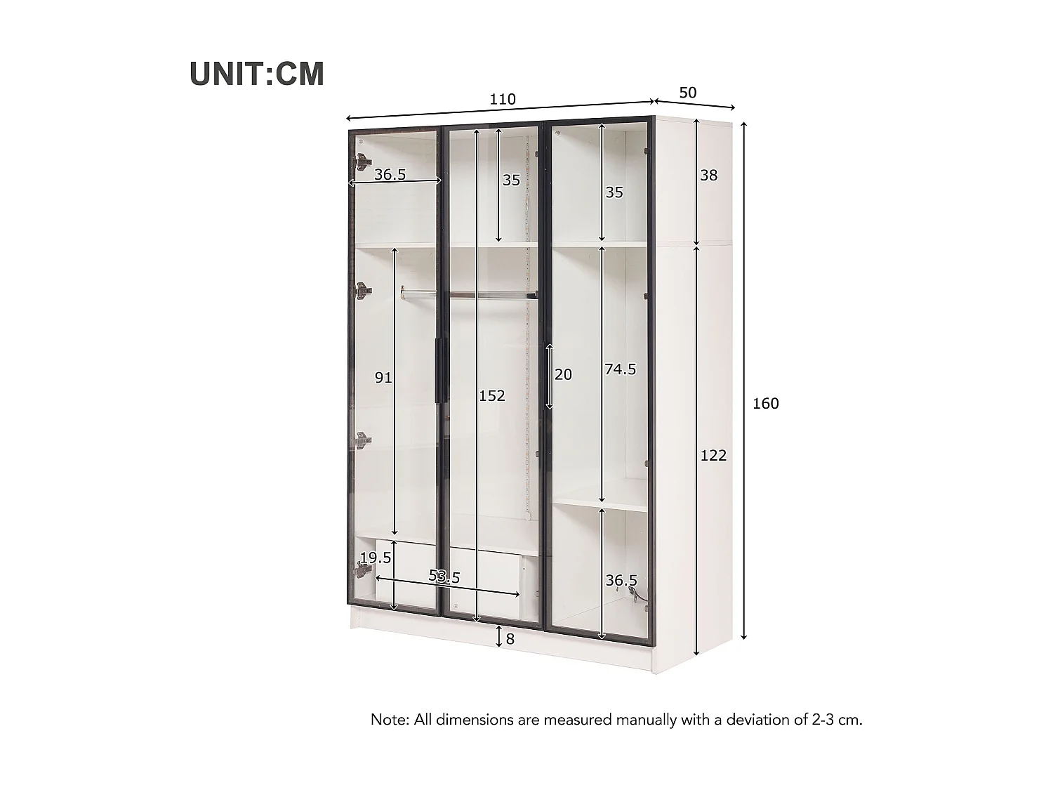 Geräumiger Kleiderschrank mit 3 Glastüren, Vitrine – 110 x 50 x 160 cm – LED-Licht – Spanplatte – weiß