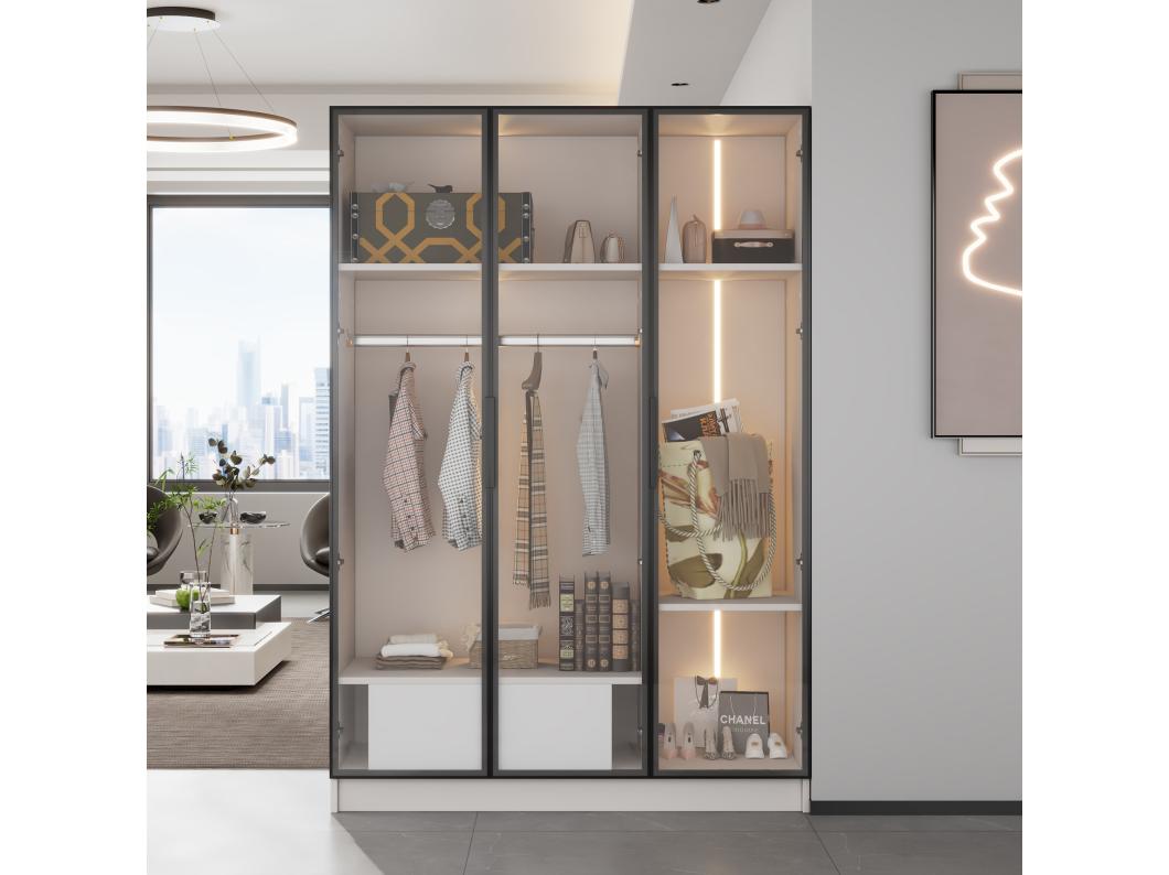 Spazioso armadio con 3 ante in vetro, vetrina - 110x50x160 cm - luce LED - truciolare - bianco