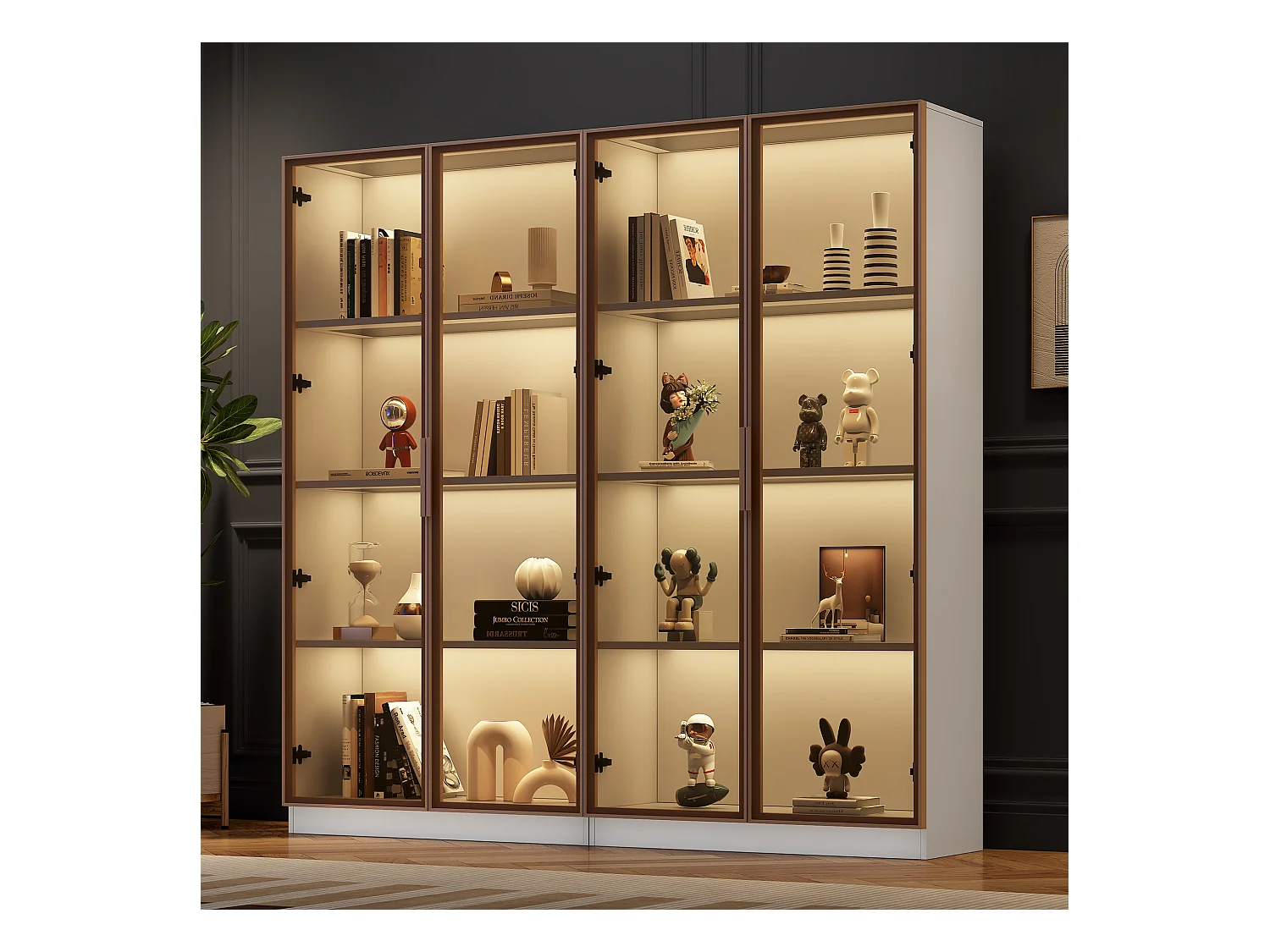 Ensemble de 2 vitrines en verre, buffet - 160x40x160 cm - Portes battantes et étagères mobiles - panneaux de particules - blanc