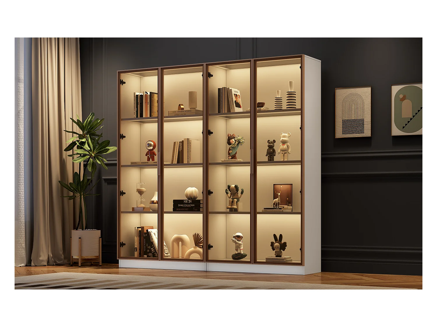 Set mit 2 Glasvitrinen, Buffet – 160 x 40 x 160 cm – Flügeltüren und bewegliche Regale – Spanplatte – weiß