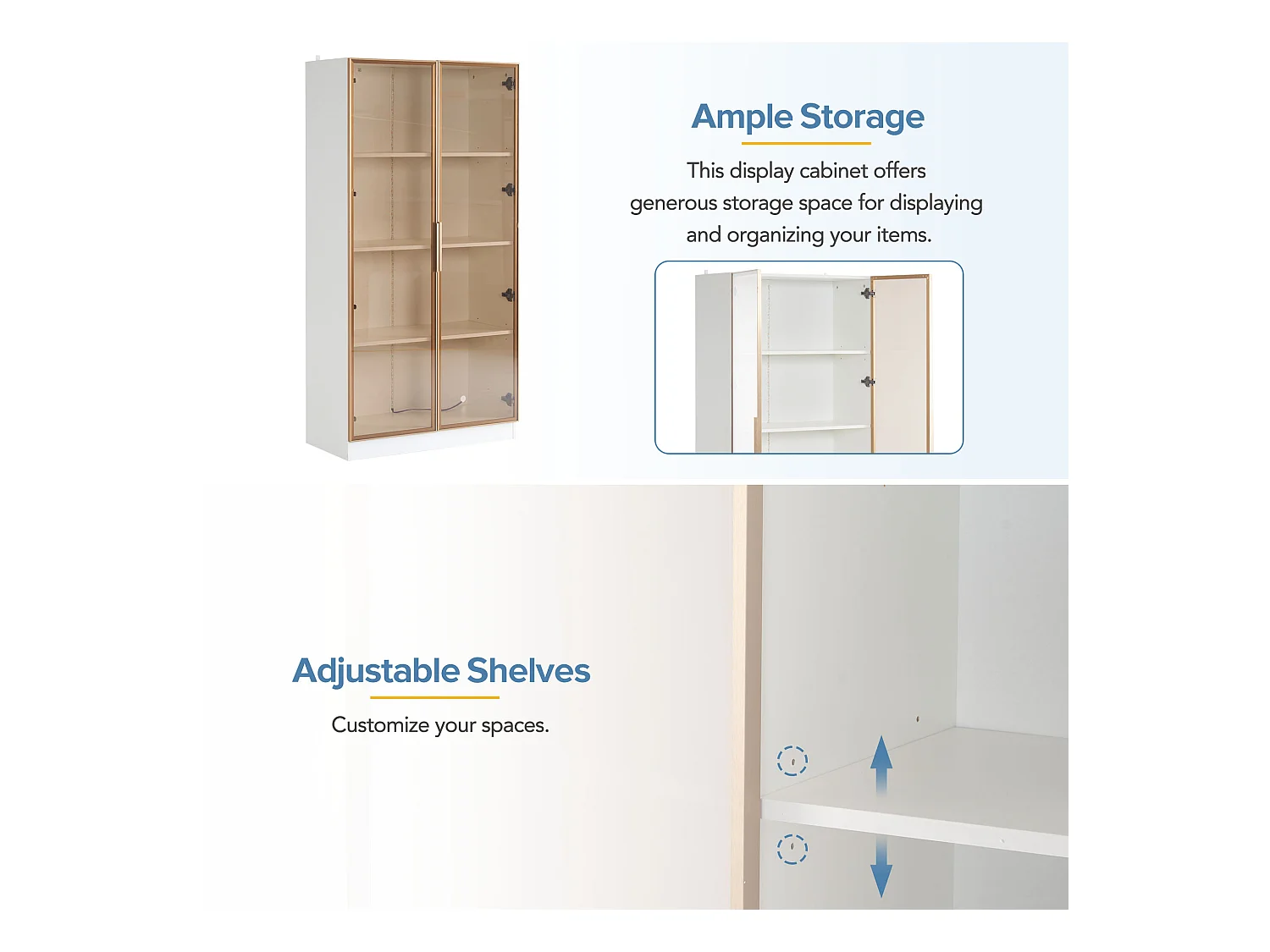 Set mit 2 Glasvitrinen, Buffet – 160 x 40 x 160 cm – Flügeltüren und bewegliche Regale – Spanplatte – weiß