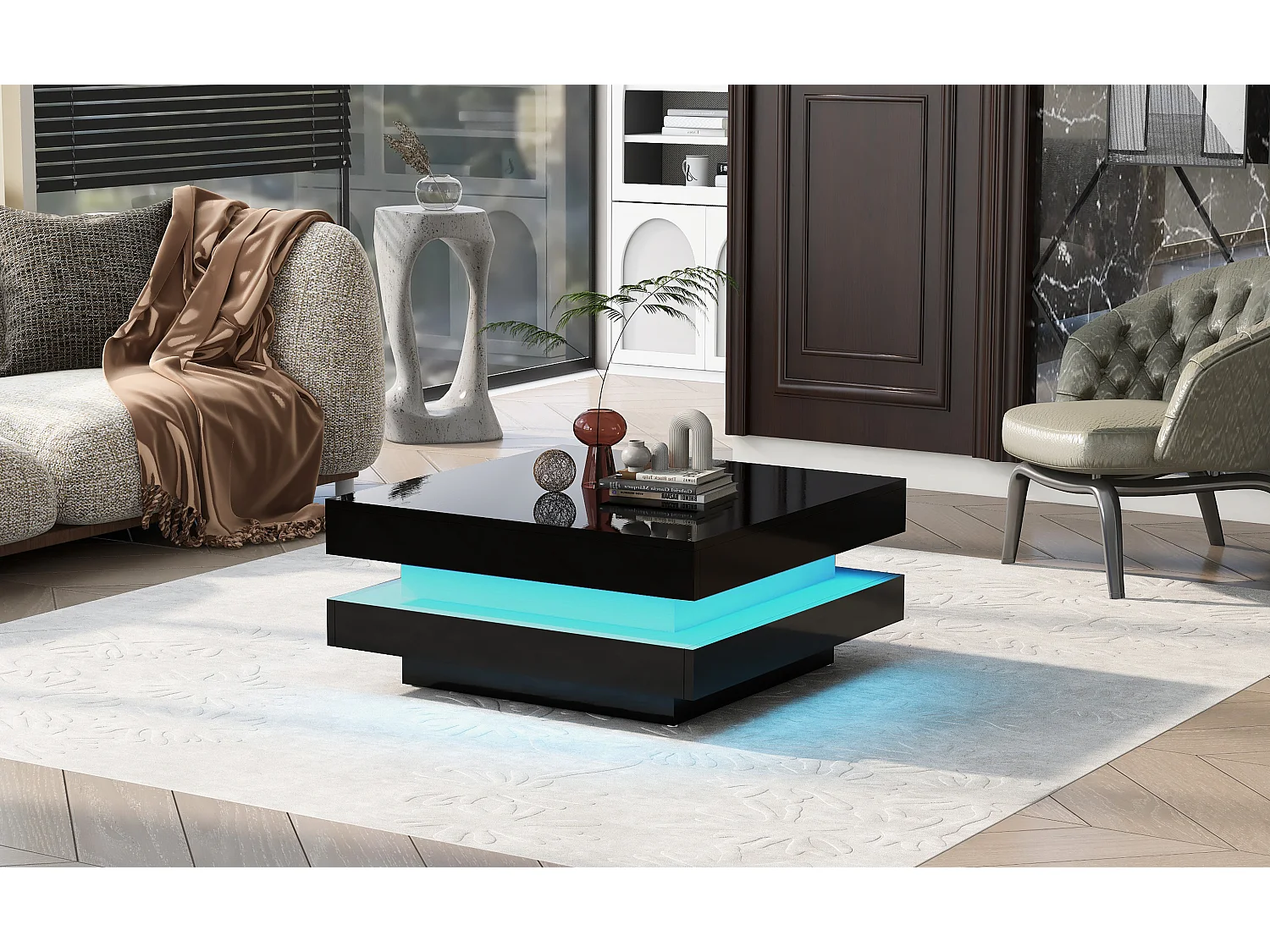 Mesa de centro cuadrada con iluminación LED - 70x70x36 cm - Tablero de partículas - Negro
