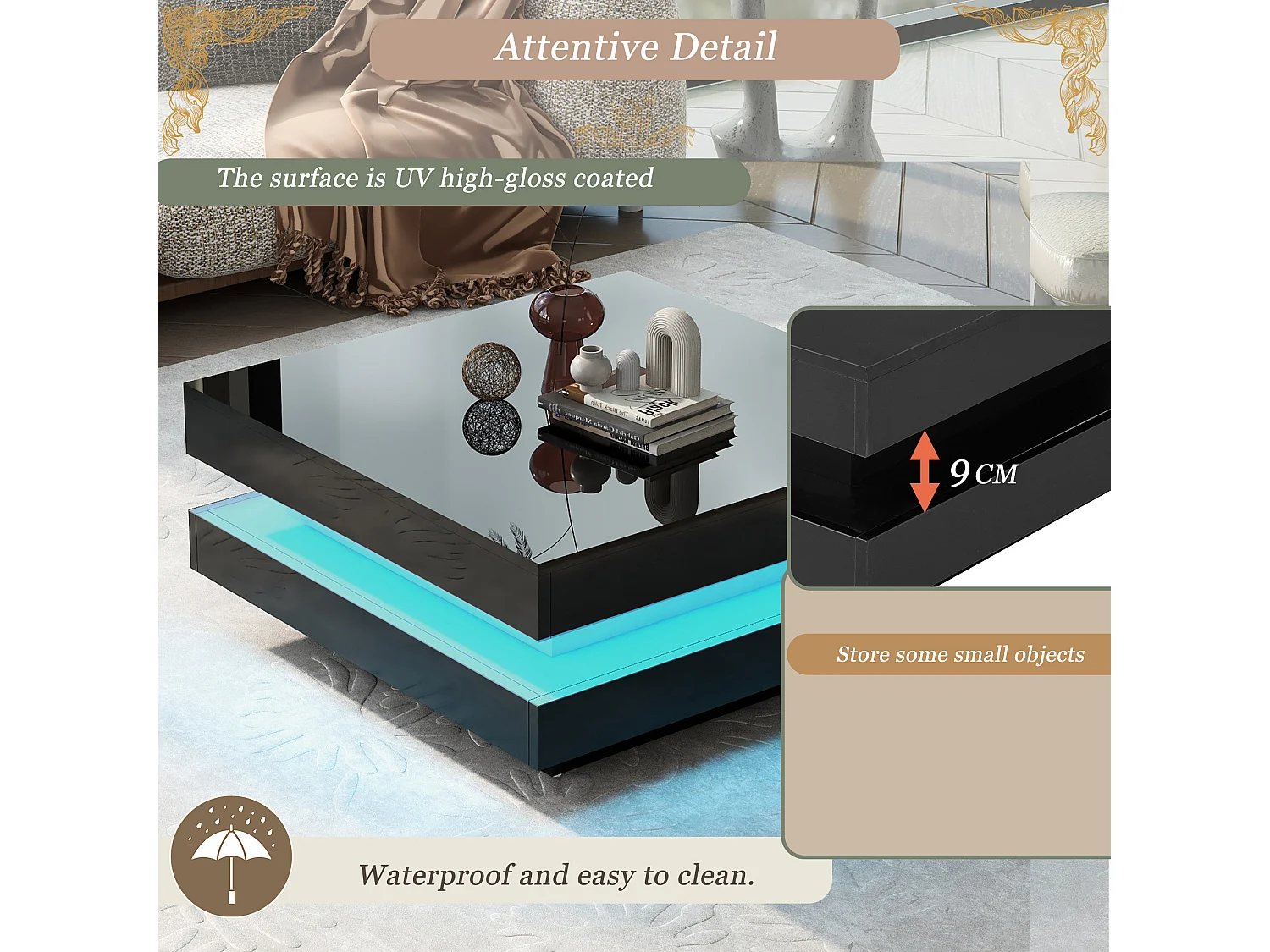 Mesa de centro cuadrada con iluminación LED - 70x70x36 cm - Tablero de partículas - Negro