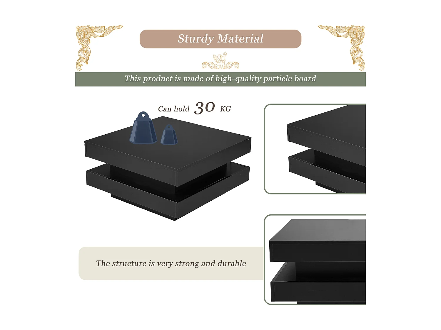 Mesa de centro cuadrada con iluminación LED - 70x70x36 cm - Tablero de partículas - Negro