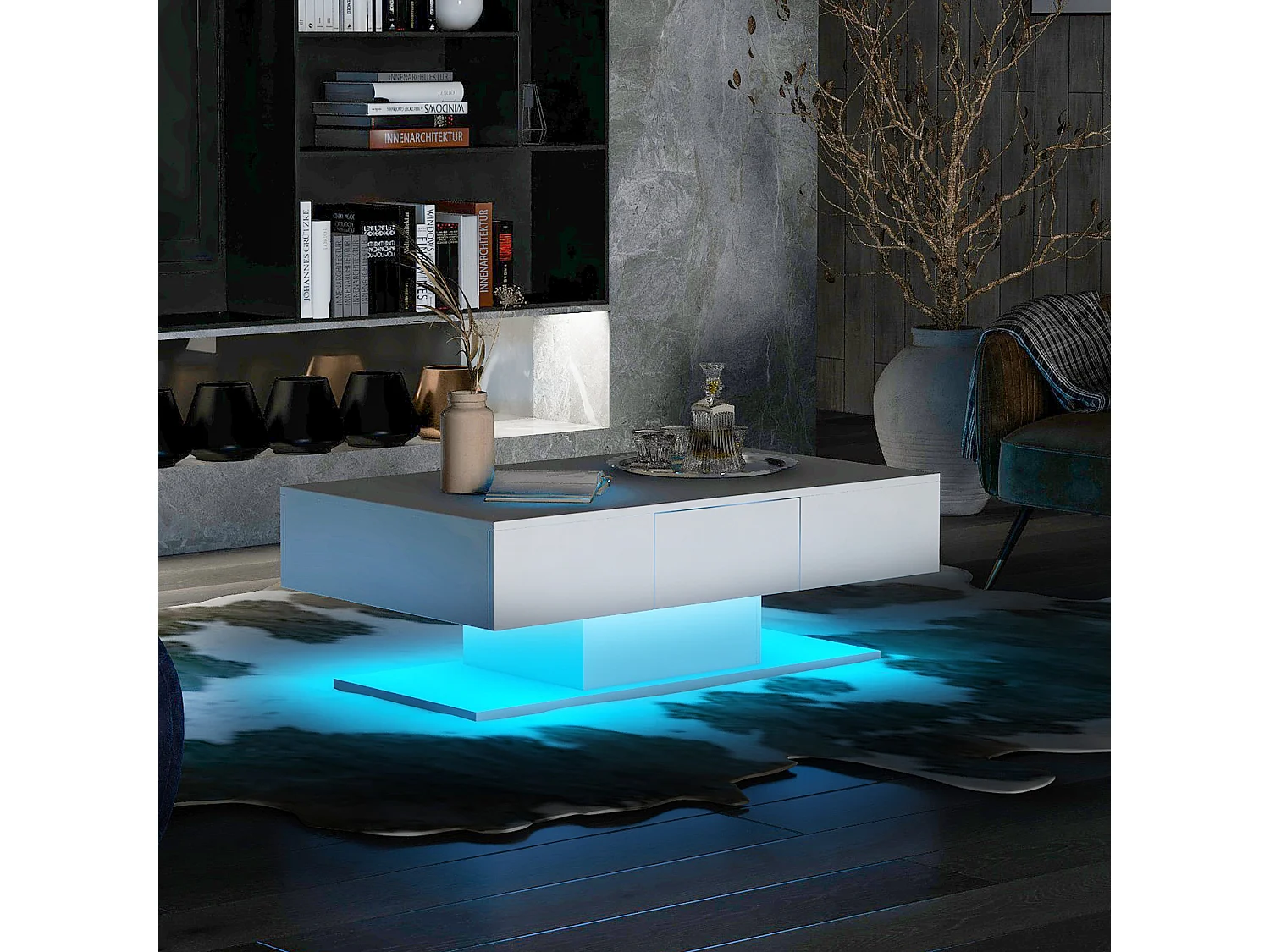 Table de basse rectangulaire avec 2 tiroirs - bois panneaux de particules - style moderne - blanc