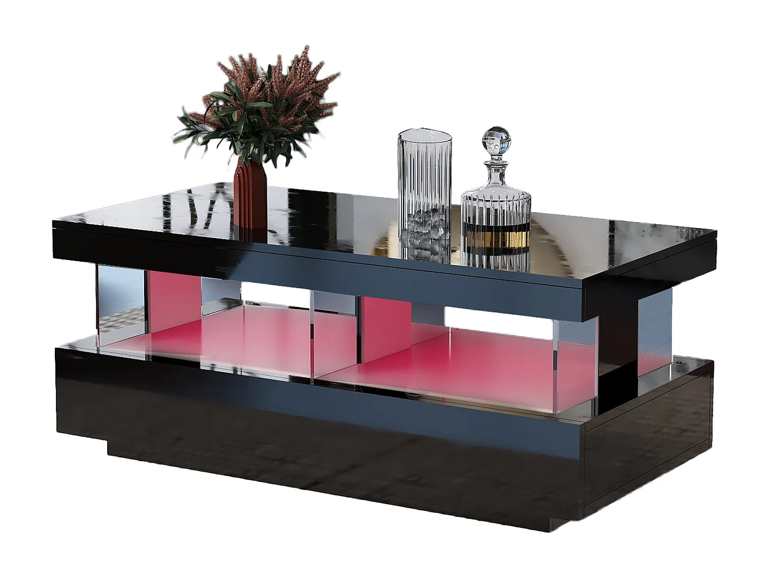 Table basse à haute brillance avec 2 niches de rangement - LEDs - Panneaux de particules et acrylique - Noir - 100x60x49.5 cm