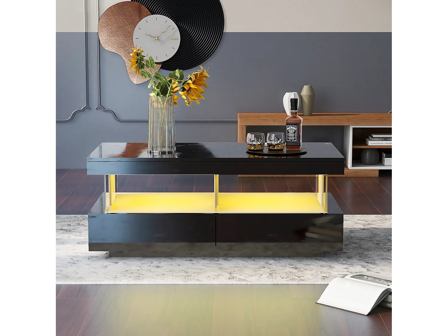 Table basse à haute brillance avec 2 niches de rangement - LEDs - Panneaux de particules et acrylique - Noir - 100x60x49.5 cm