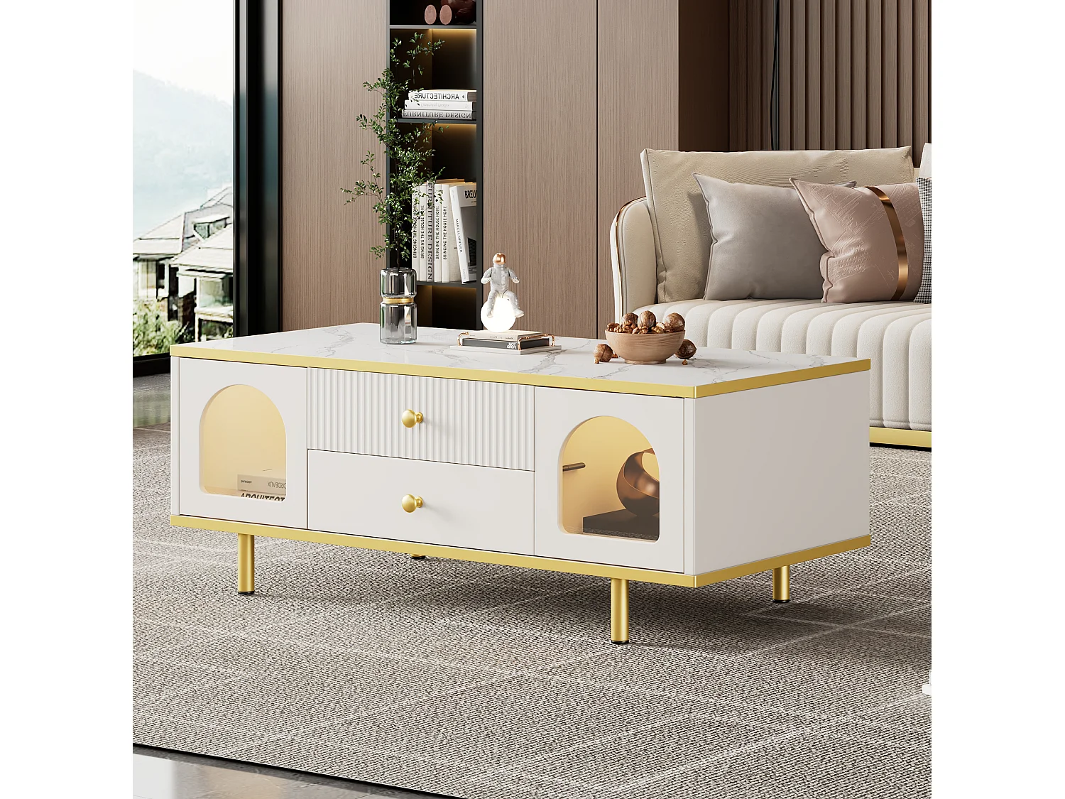 Table basse moderne avec 2 portes et 2 tiroirs - lumières LED - 100x50x43 cm - motif en marbre - métal doré et Panneaux de particules - blanc